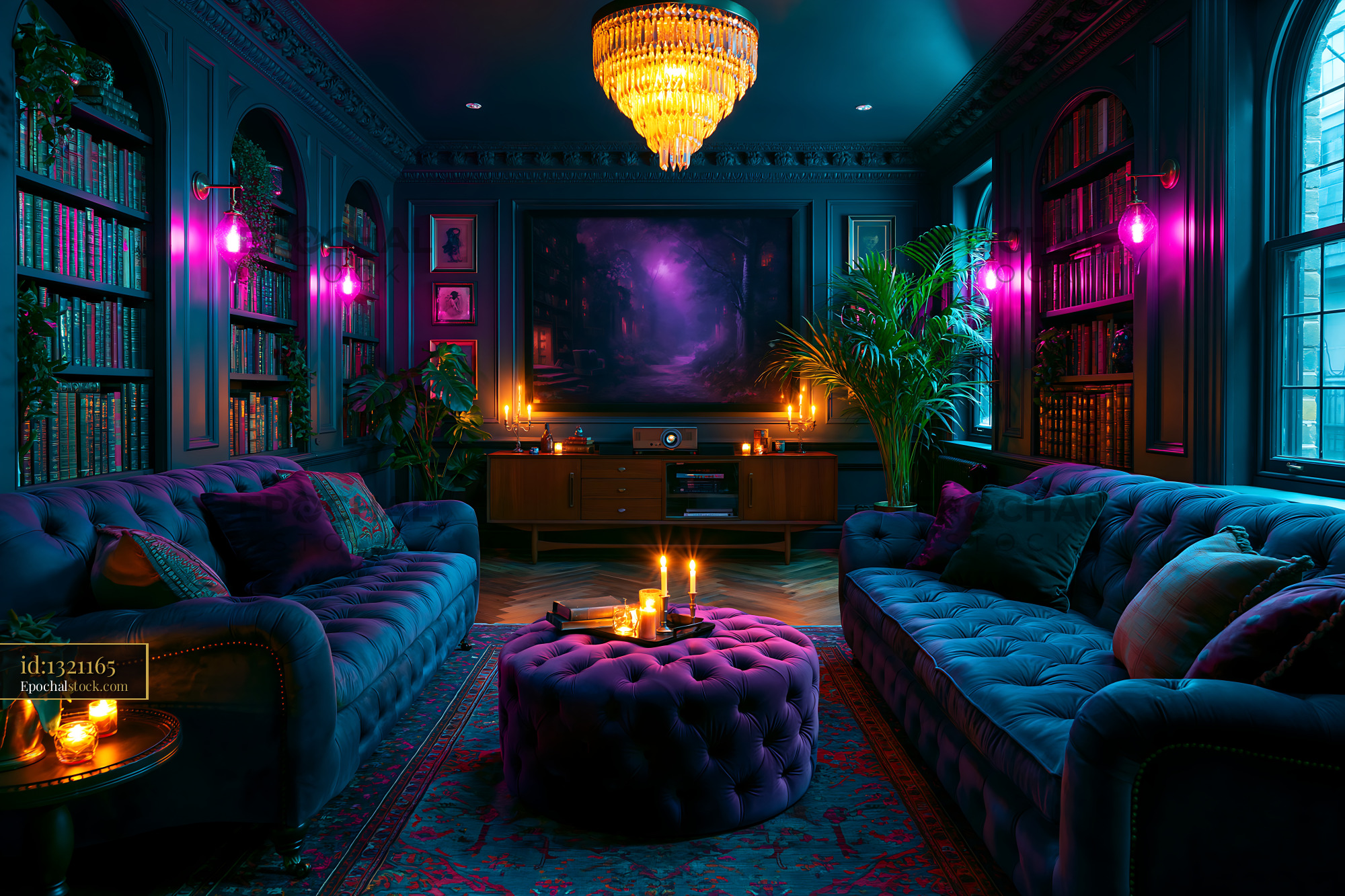 Watermarked full-resolution preview of Cozy living room with rich colors and warm lighting