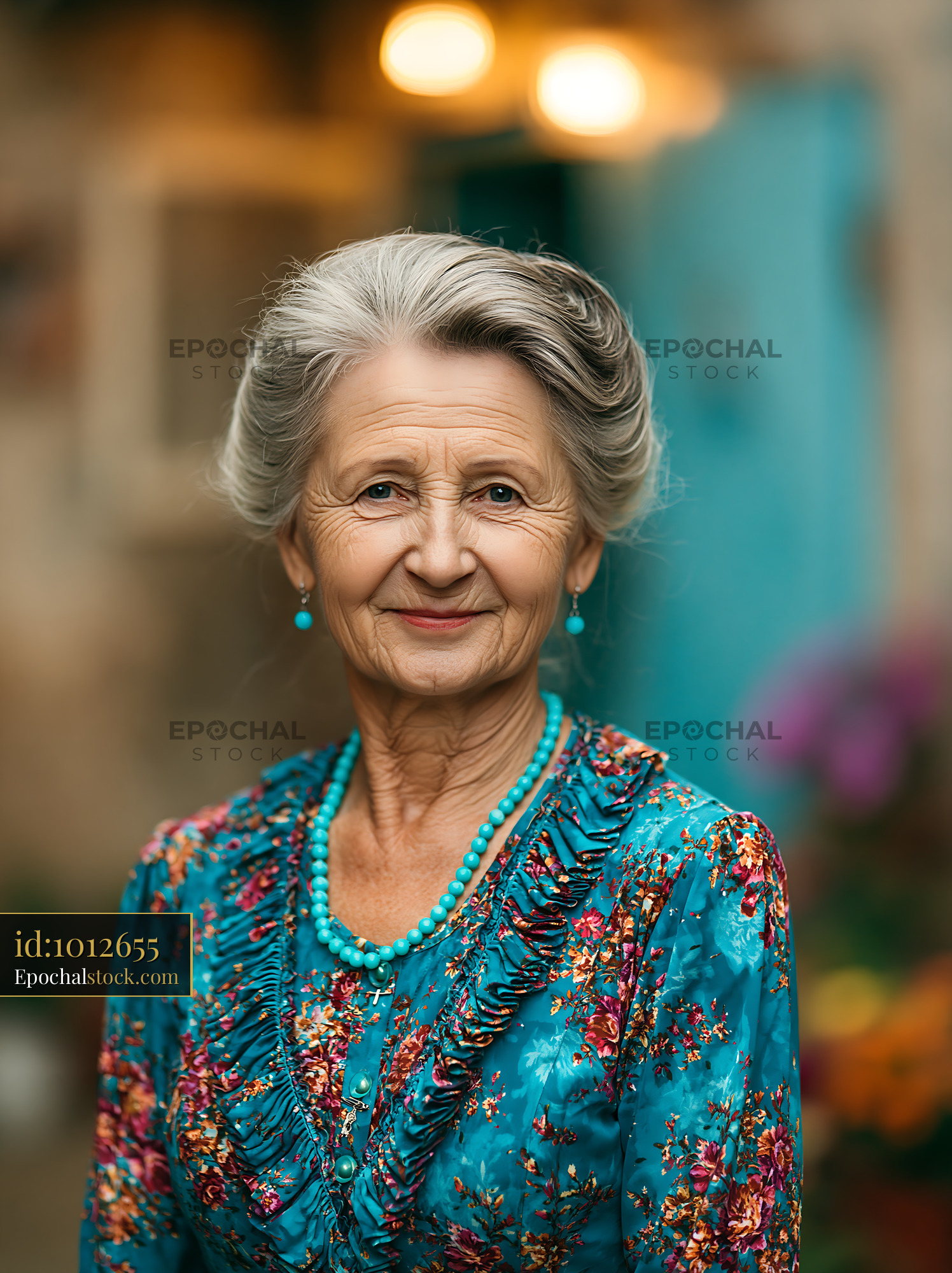 Watermarked full-resolution preview of Elderly woman smiling in floral dress with blue background