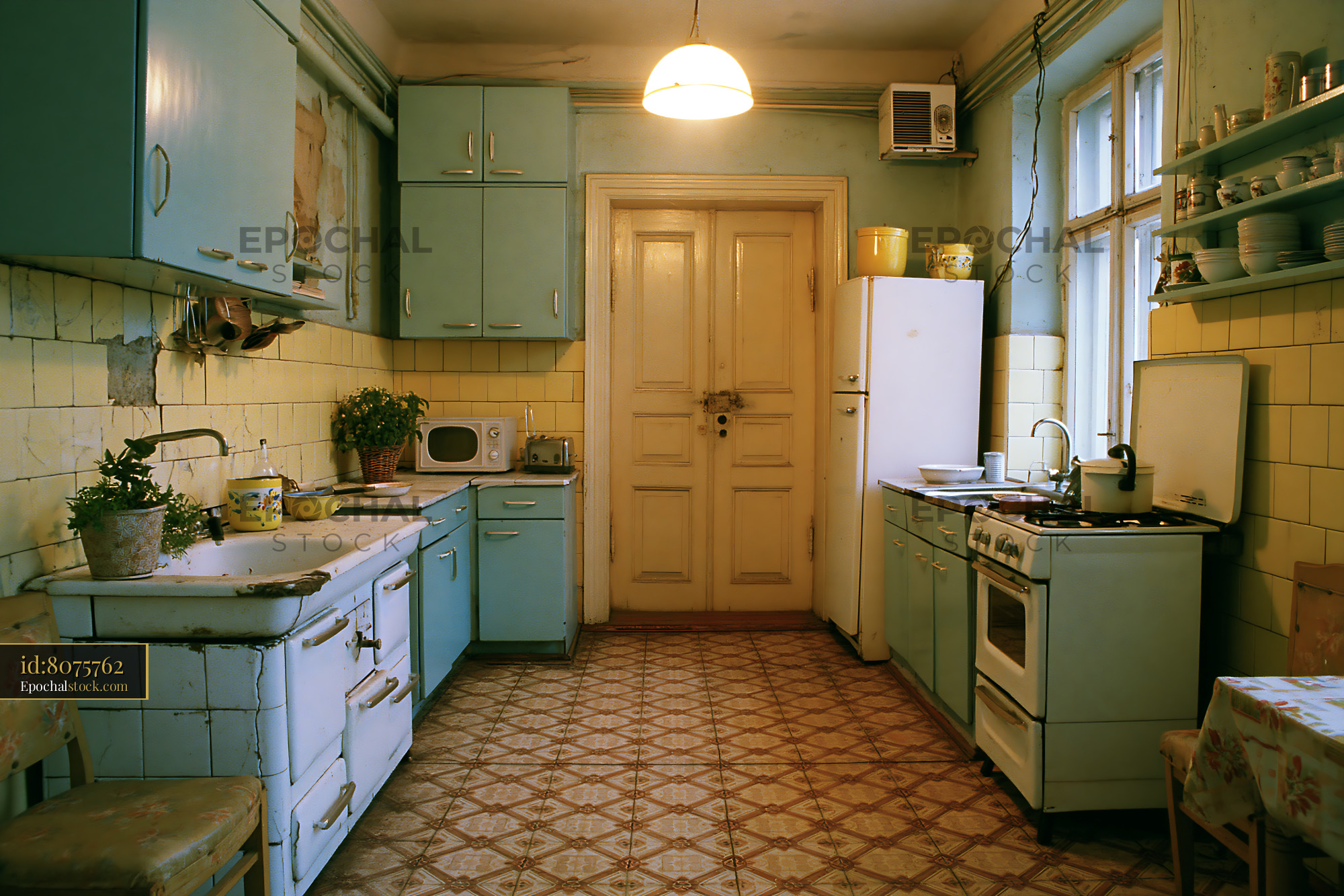 Watermarked full-resolution preview of Vintage kitchen with blue cabinets and tiled floor