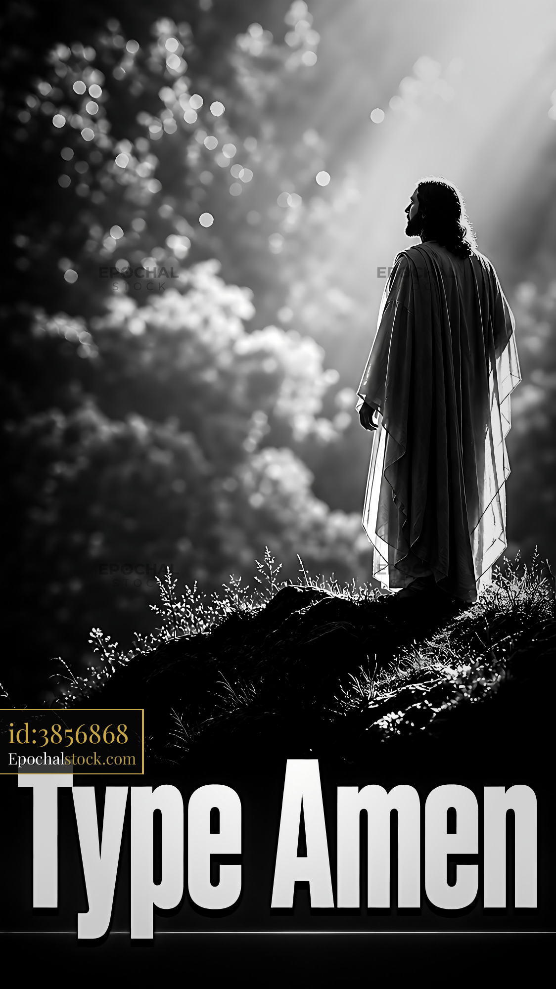 Watermarked full-resolution preview of Figure in white robe standing against bright forest backdrop