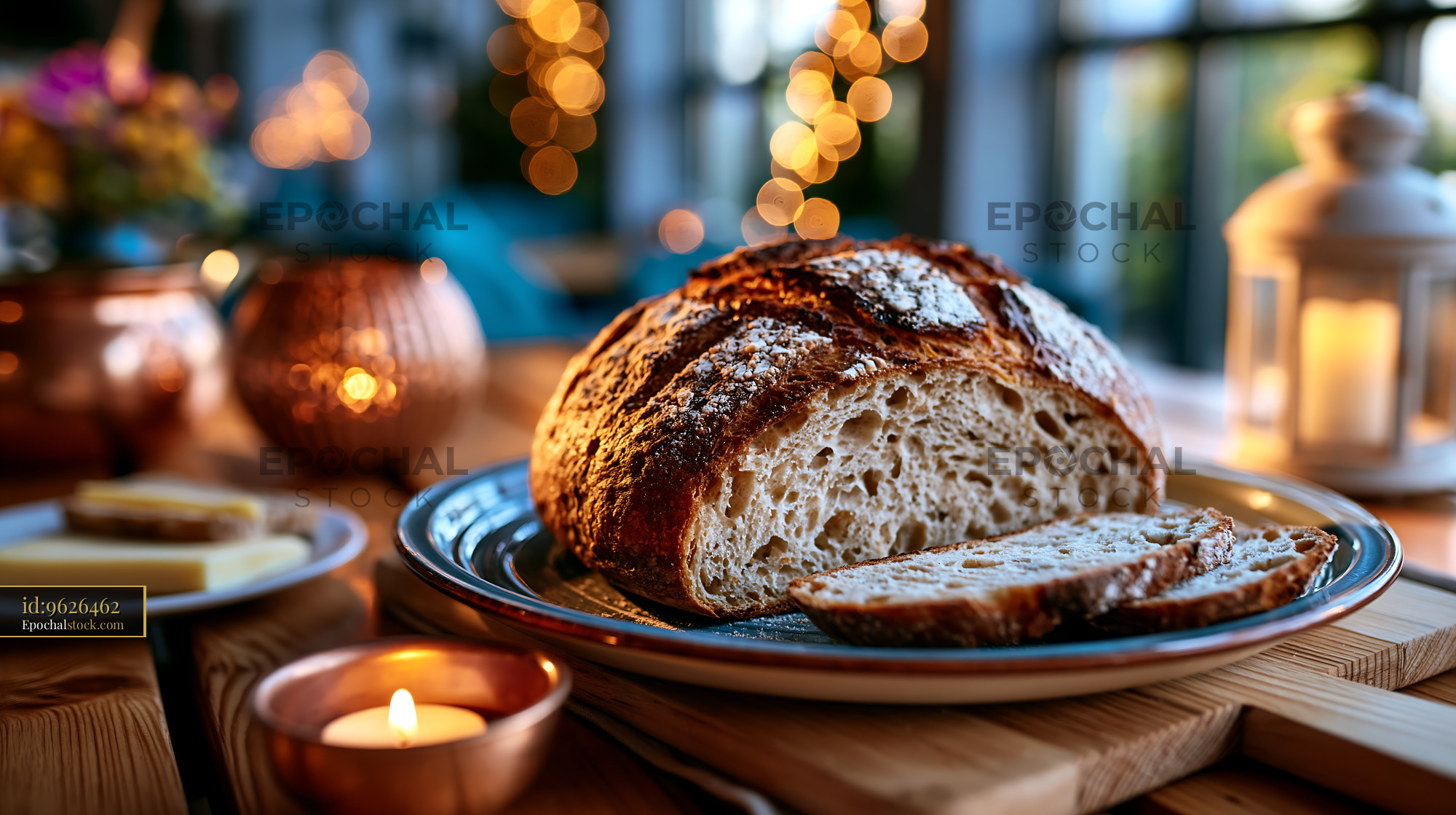 Watermarked full-resolution preview of Freshly baked bread on a table with candles and warm lights