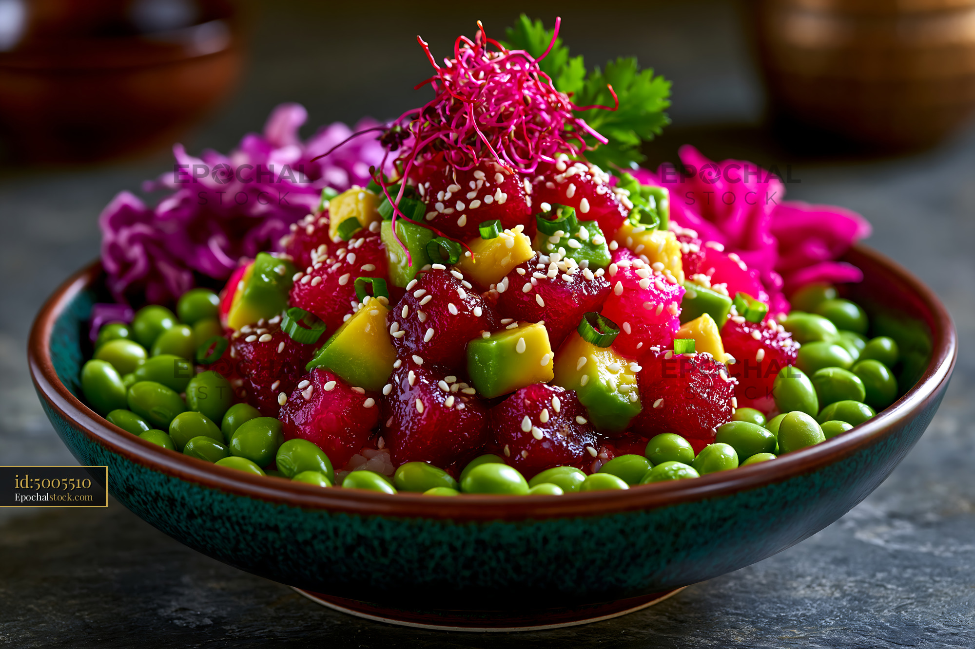 Watermarked full-resolution preview of Colorful salad with avocado, radish, and sesame seeds in a bowl