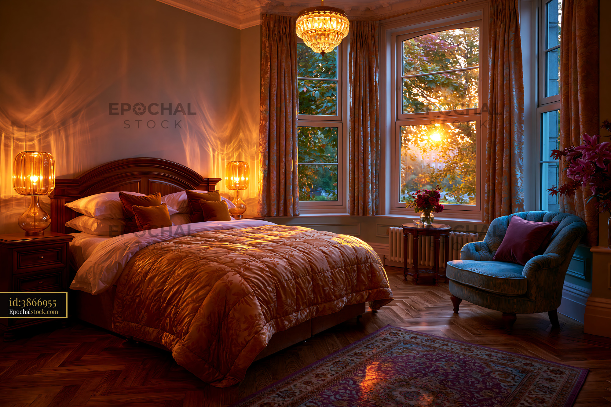 Watermarked full-resolution preview of Warmly lit bedroom interior at sunset