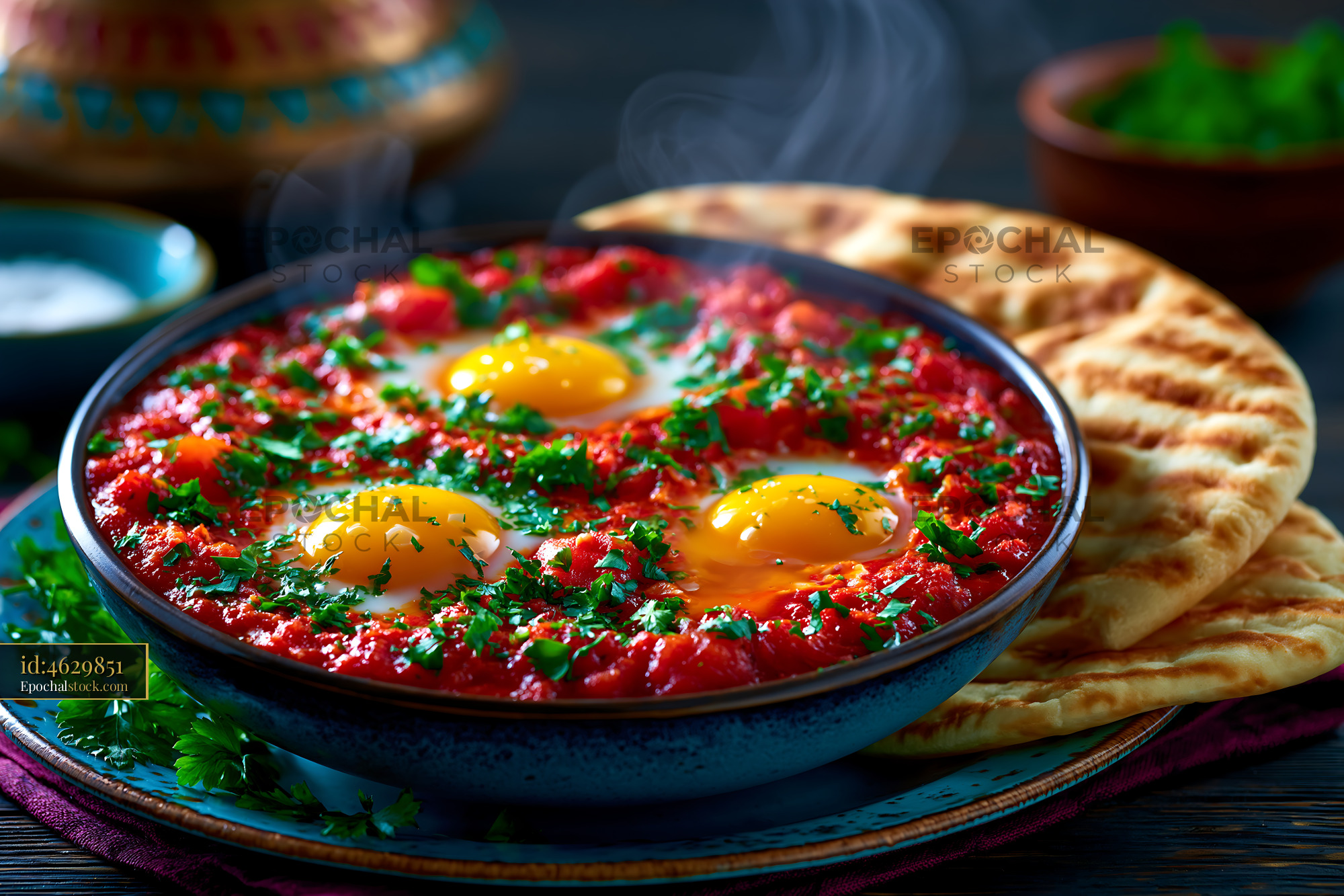 Watermarked full-resolution preview of Delicious eggs in spicy tomato sauce with bread and herbs