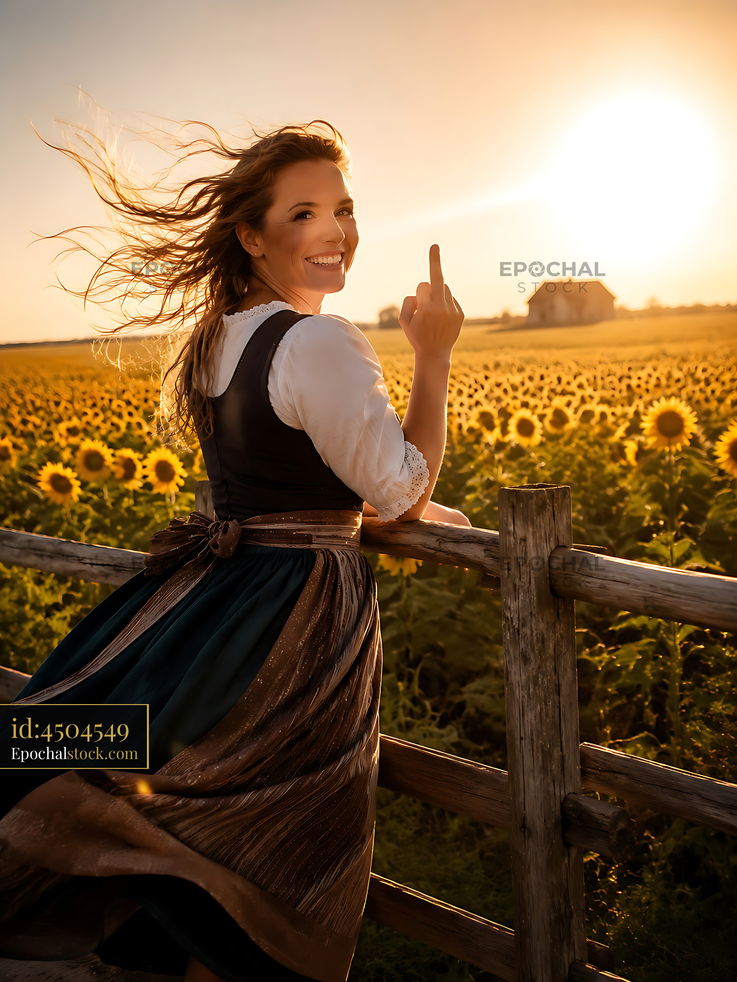 Watermarked full-resolution preview of Woman gestures playfully in a sunflower field at sunset