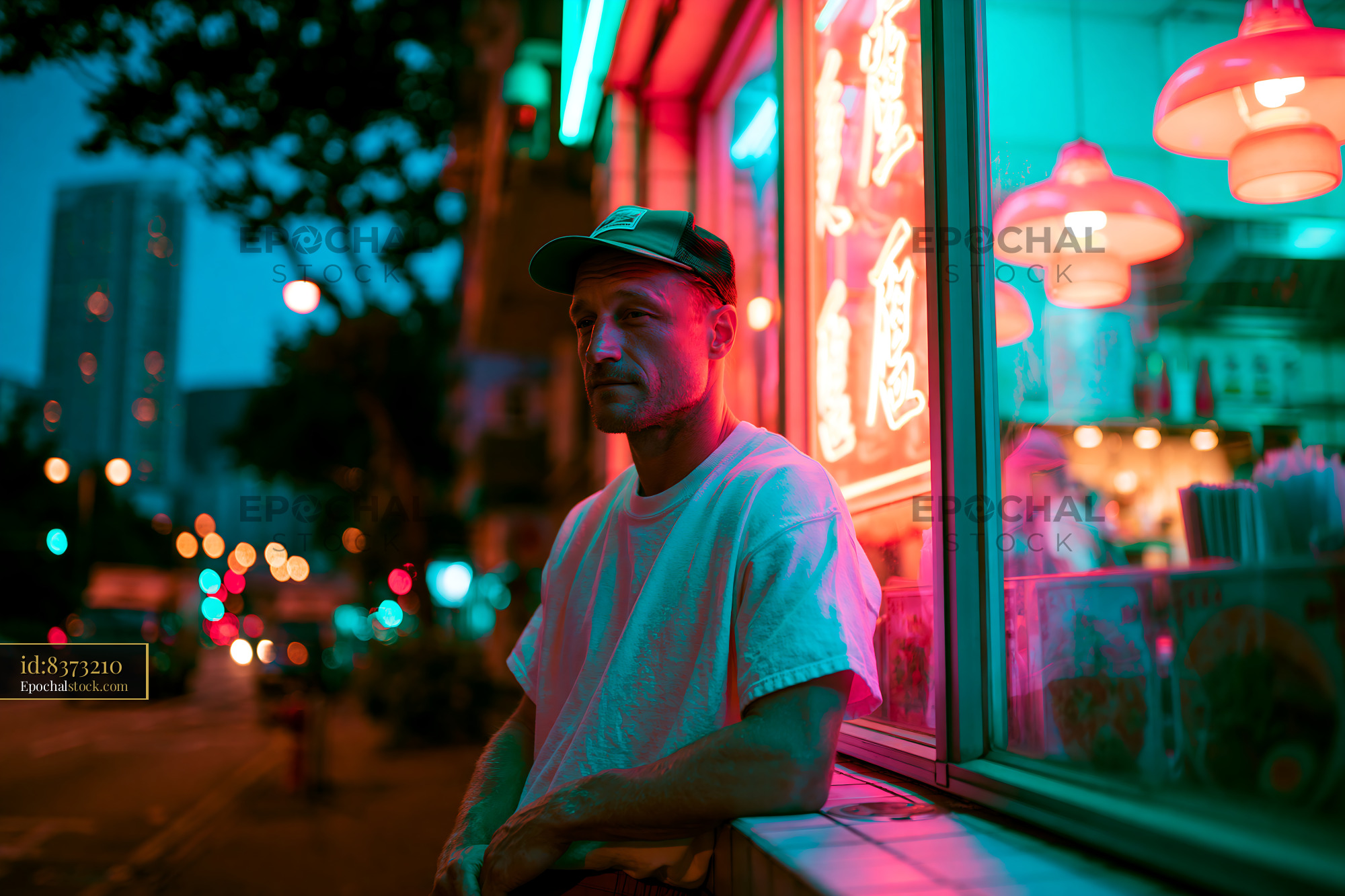 Watermarked full-resolution preview of Man sitting near a brightly lit restaurant at night in the city