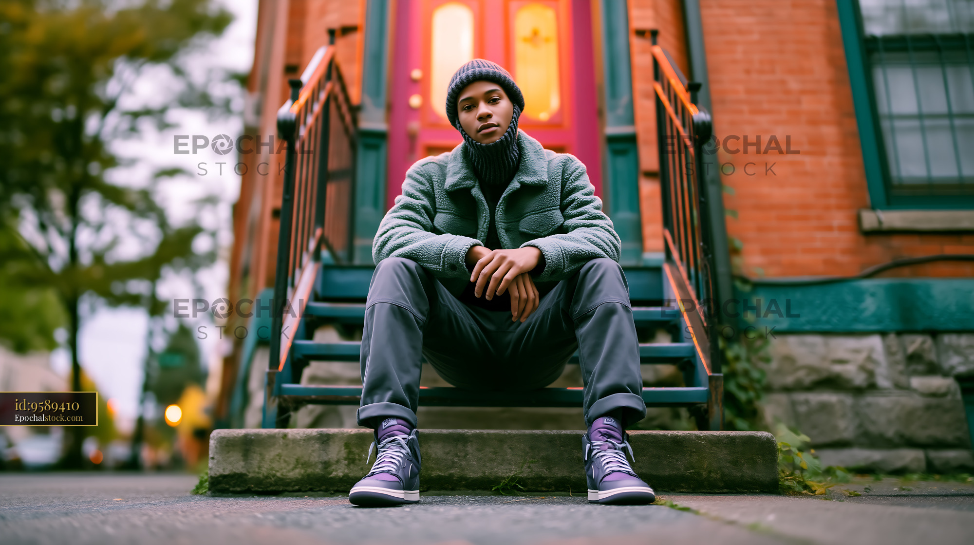 Watermarked full-resolution preview of Person sitting on steps outside a building in an urban area