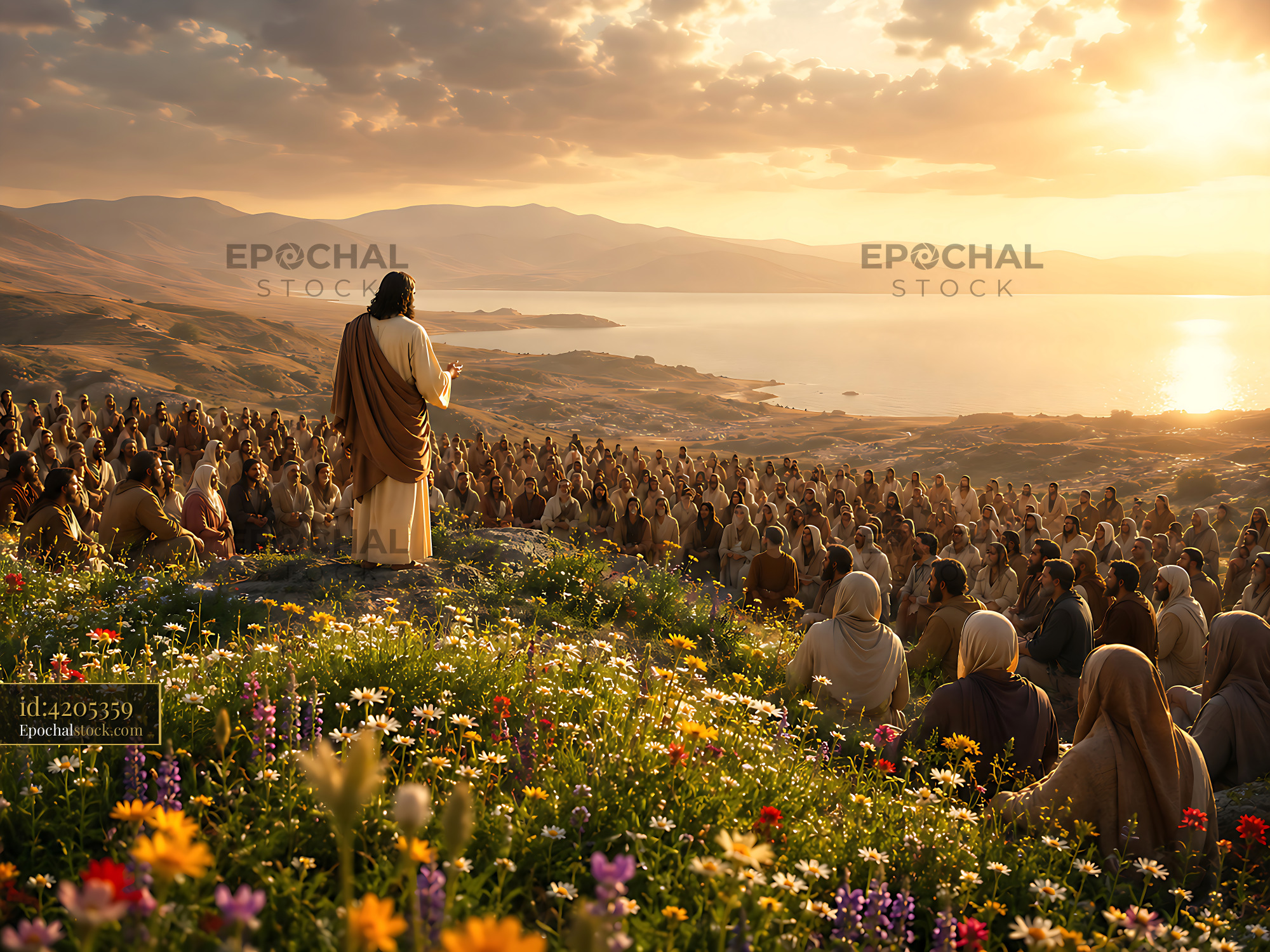 Jesus Speaks to Followers on a Hillside During Sunset Over Water - stock photo