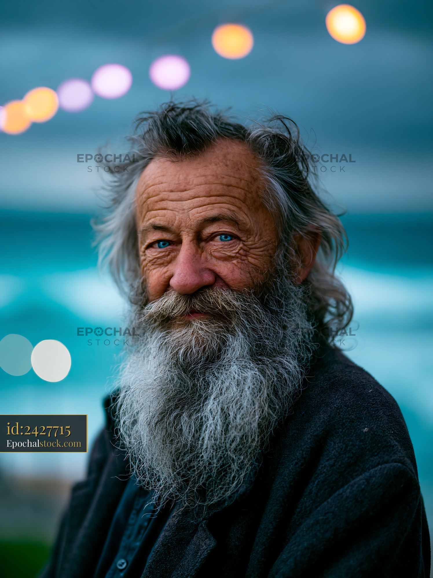 Watermarked full-resolution preview of Portrait of a man with a beard and blue eyes outdoors
