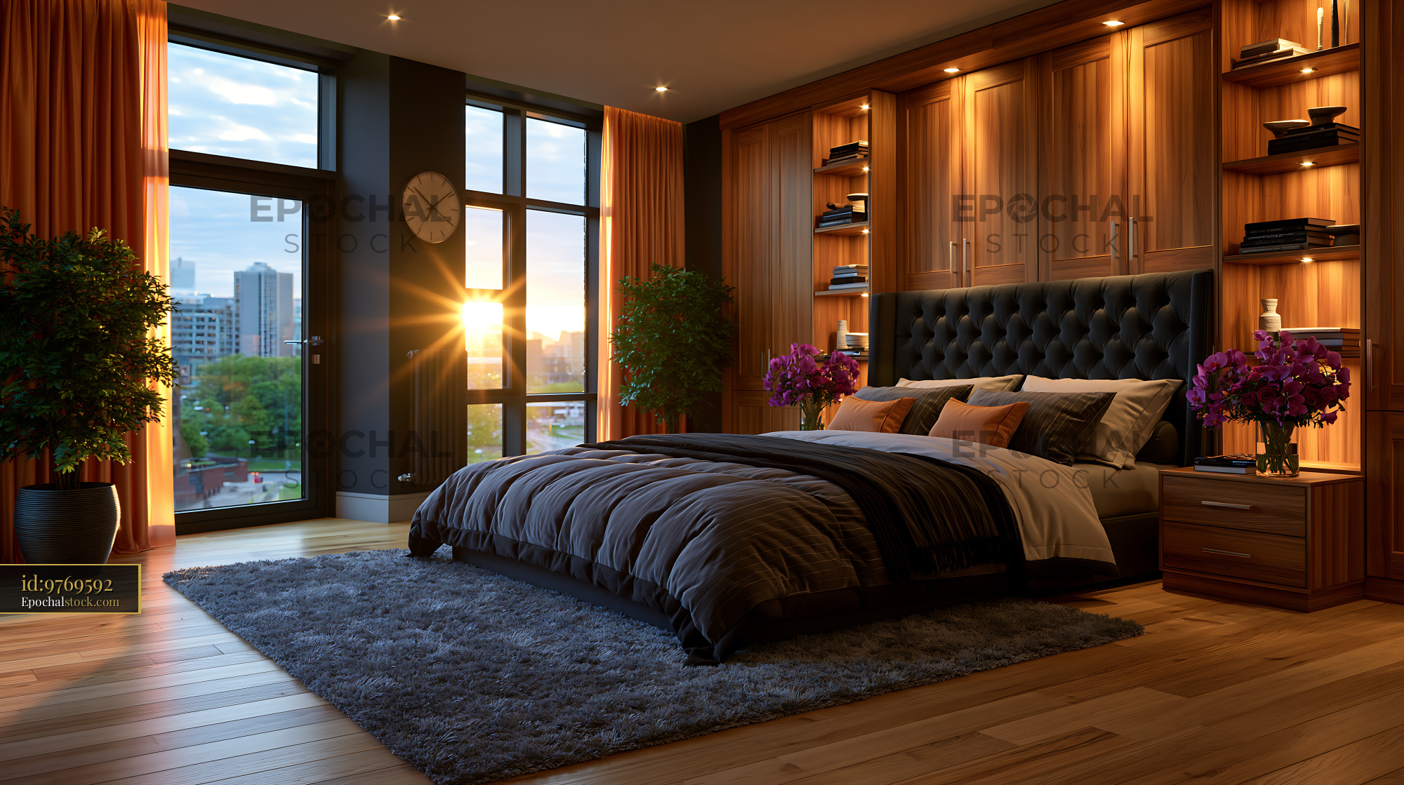 Watermarked full-resolution preview of Modern bedroom interior with sunset view in urban setting