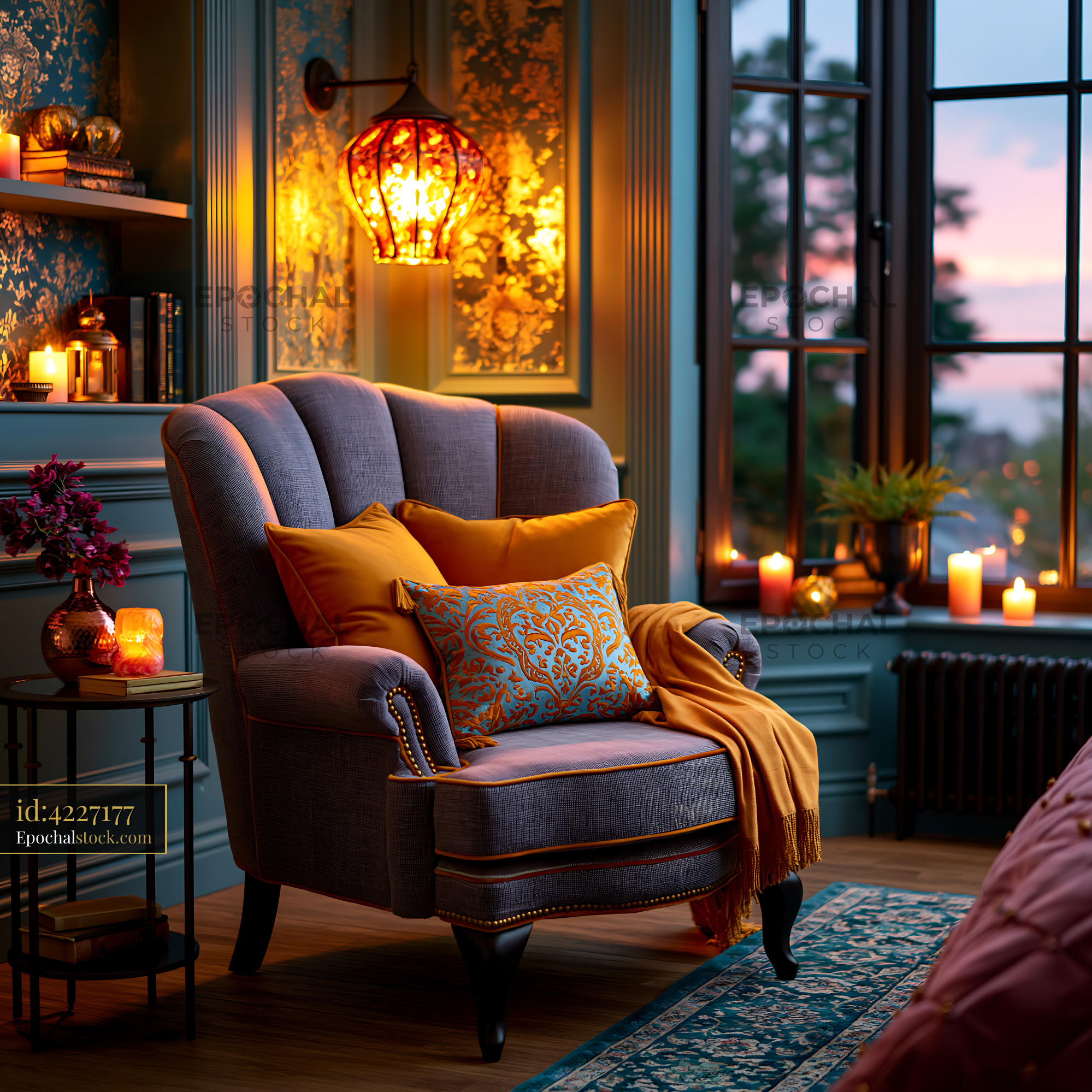 Watermarked full-resolution preview of Cozy armchair with pillows by the window at sunset