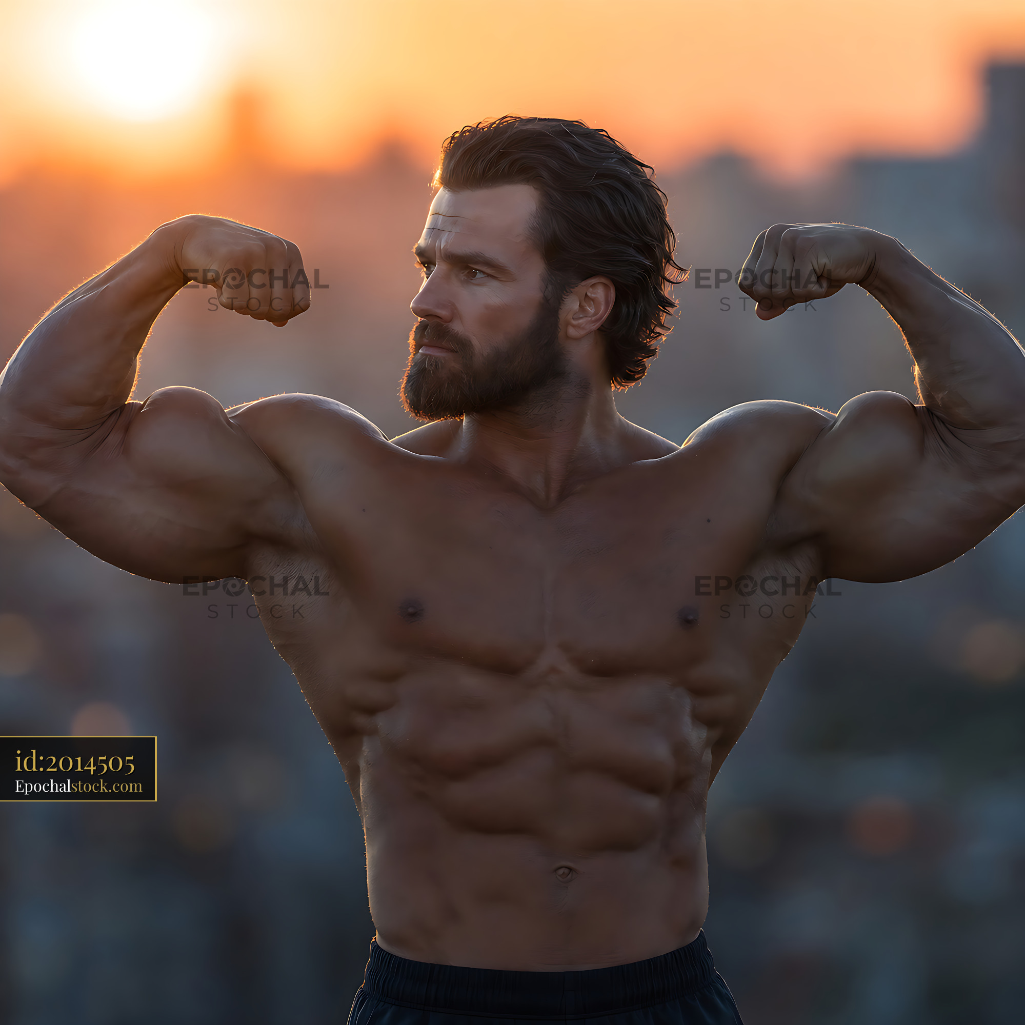 Muscular Man Poses Proudly Against Sunset Skyline Backdrop - stock photo
