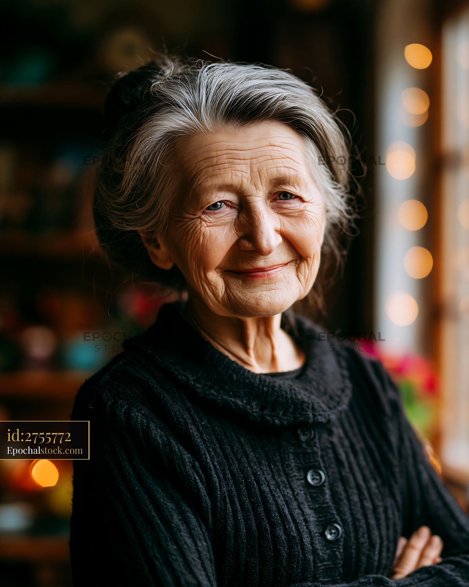 Watermarked full-resolution preview of Elderly woman with gray hair smiling in a cozy indoor setting