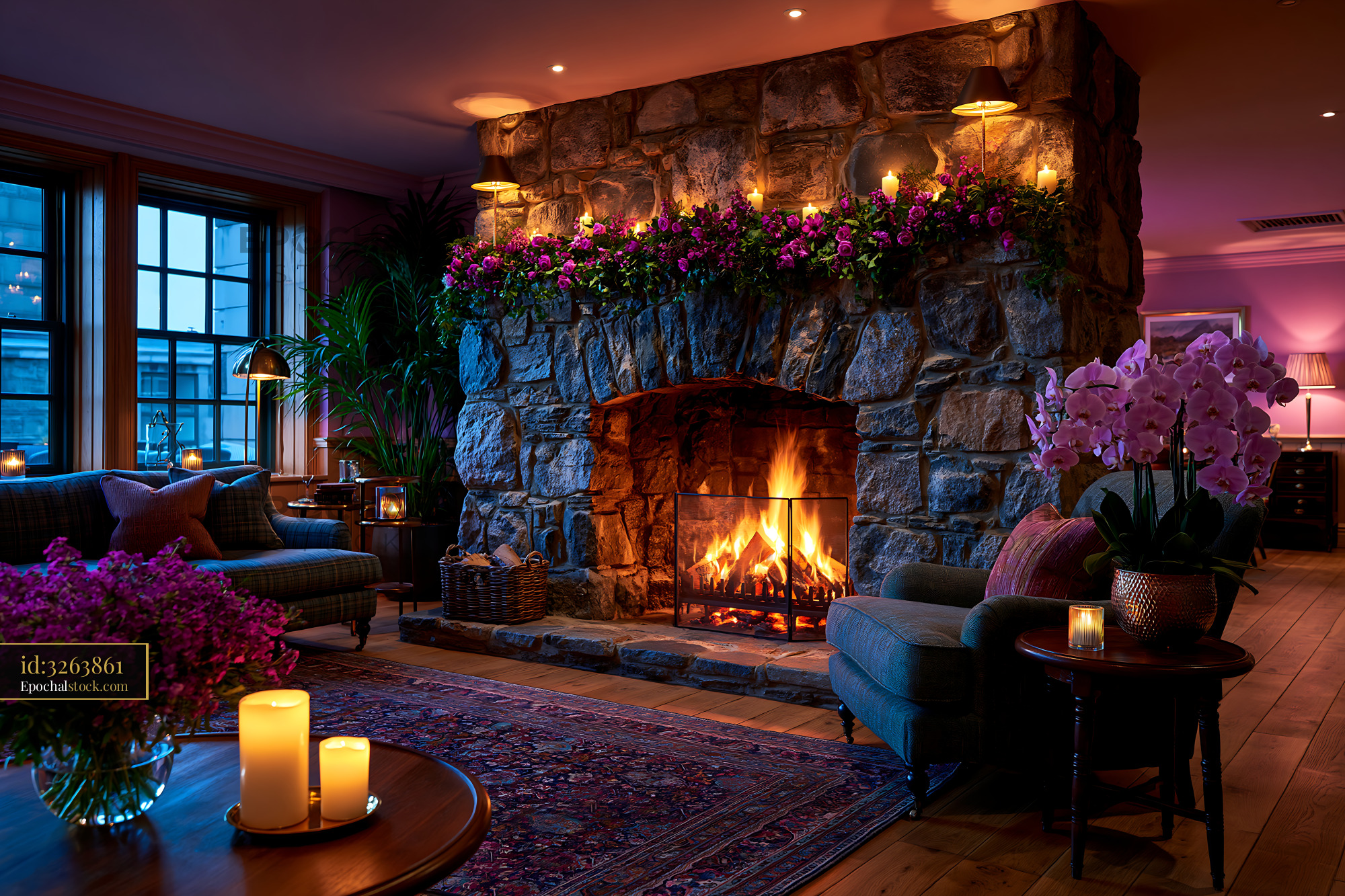 Watermarked full-resolution preview of Cozy room with stone fireplace and floral decorations
