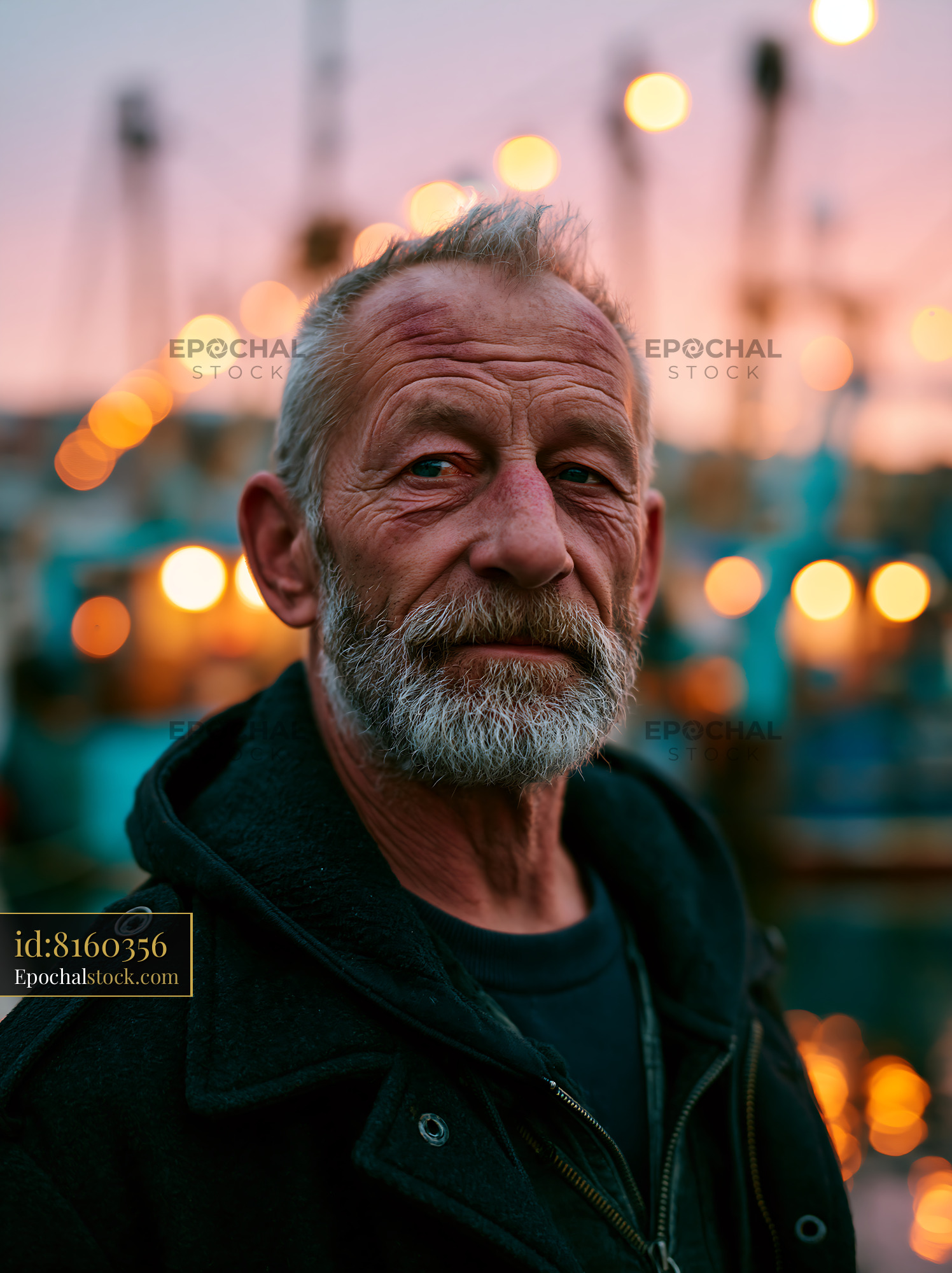 Watermarked full-resolution preview of Portrait of a man standing near boats at sunset