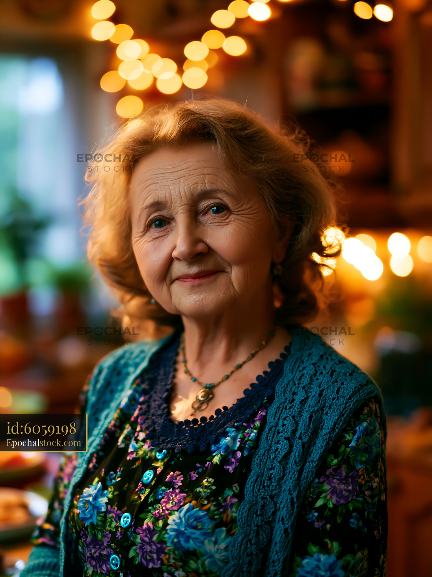 Watermarked full-resolution preview of Portrait of elderly woman in cozy kitchen with warm lights