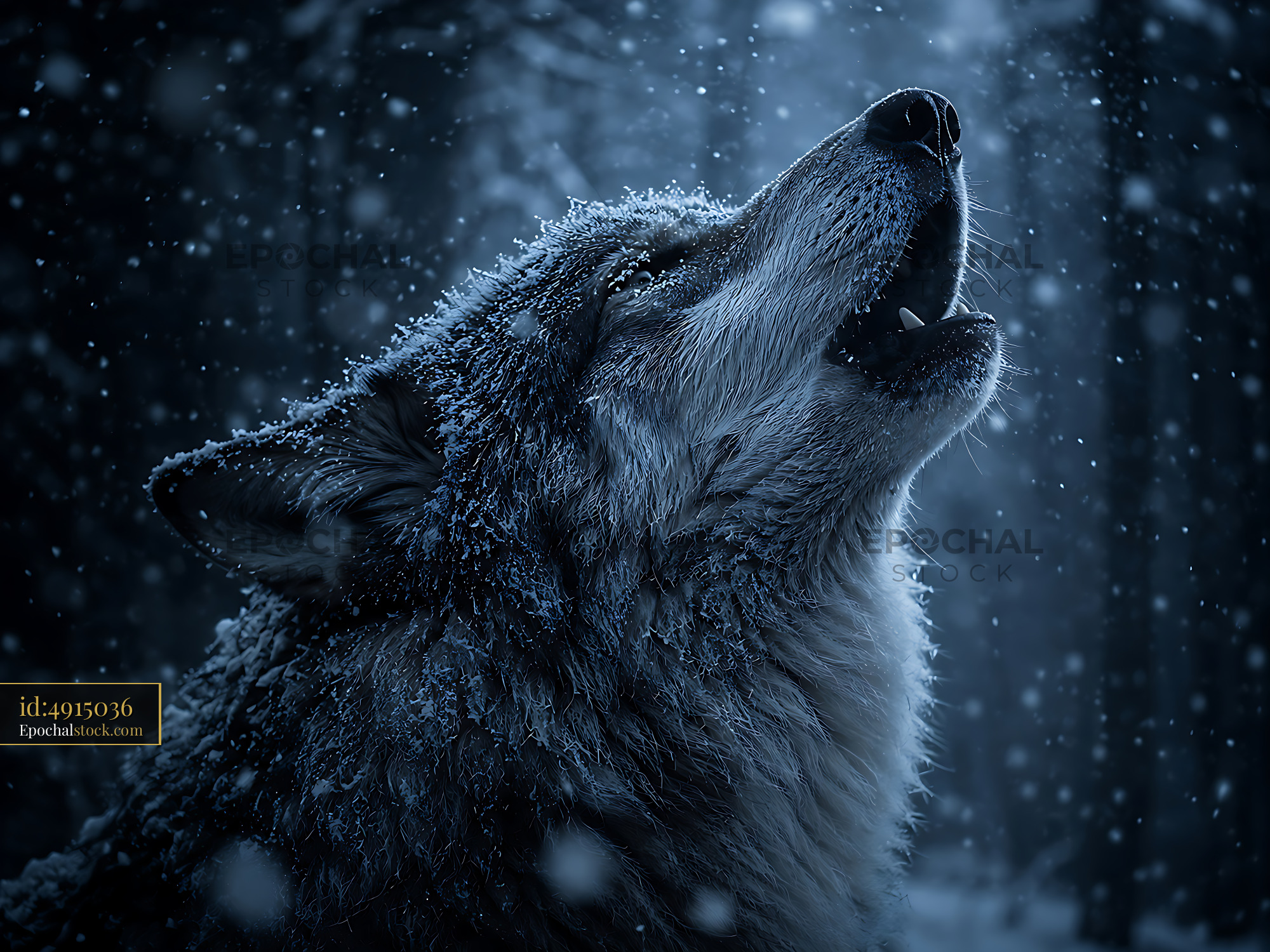 Wolf Howls in a Snowy Forest at Night Under a Dark Sky - stock photo