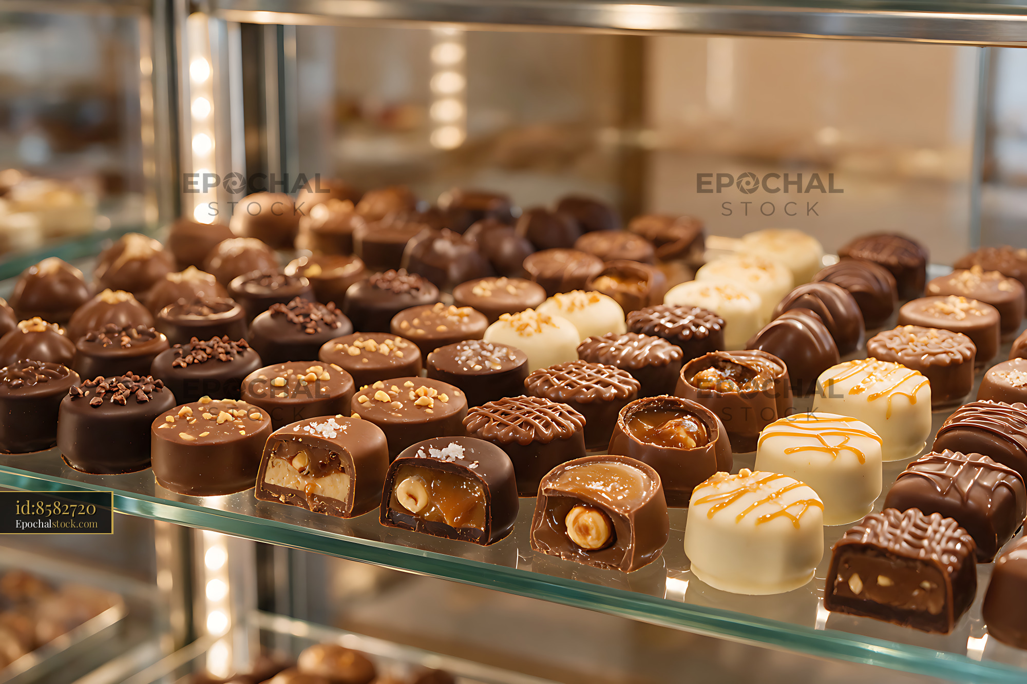 Watermarked full-resolution preview of Assorted chocolates in a warmly lit shop display