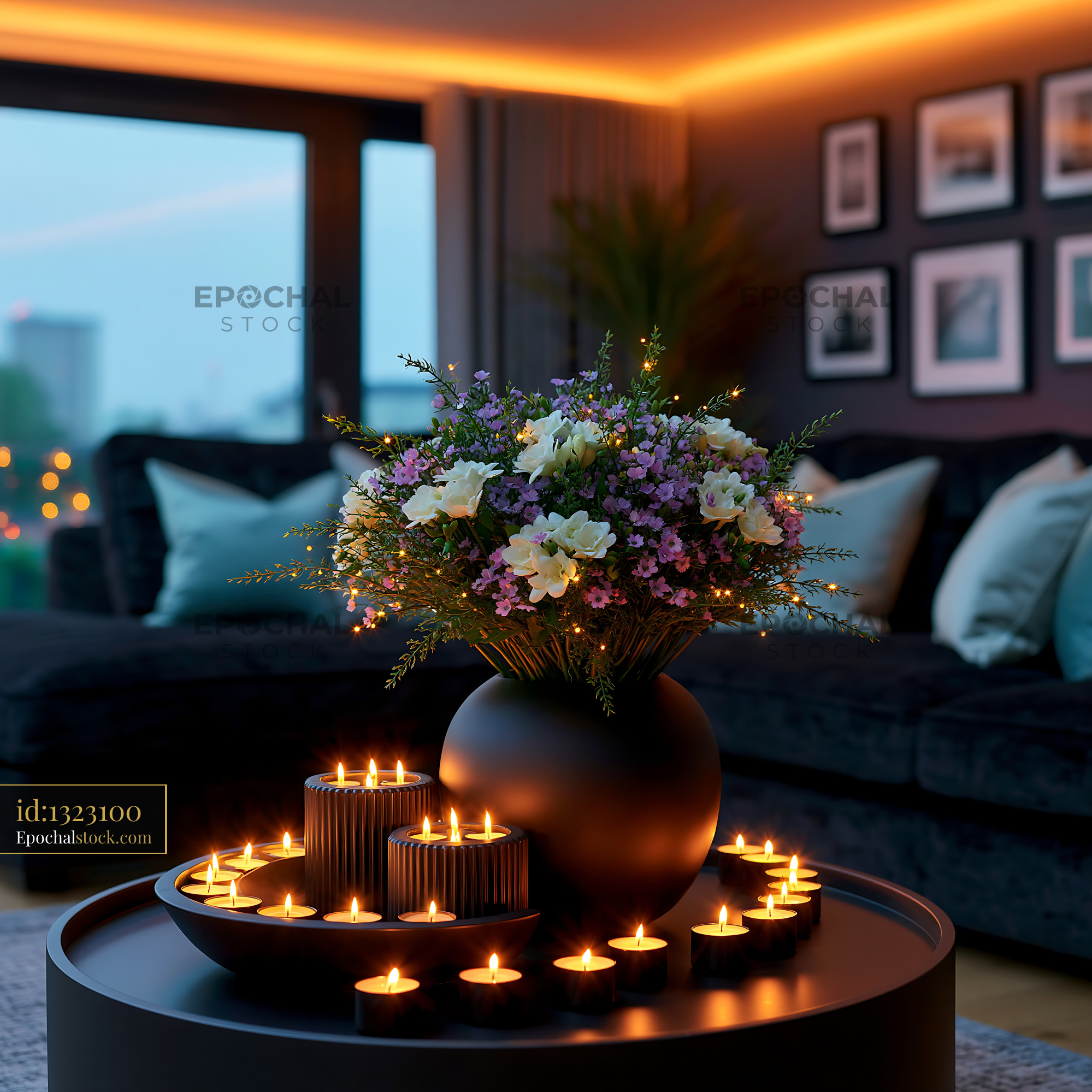 Watermarked full-resolution preview of Decorative candles and flowers in a cozy living room setting