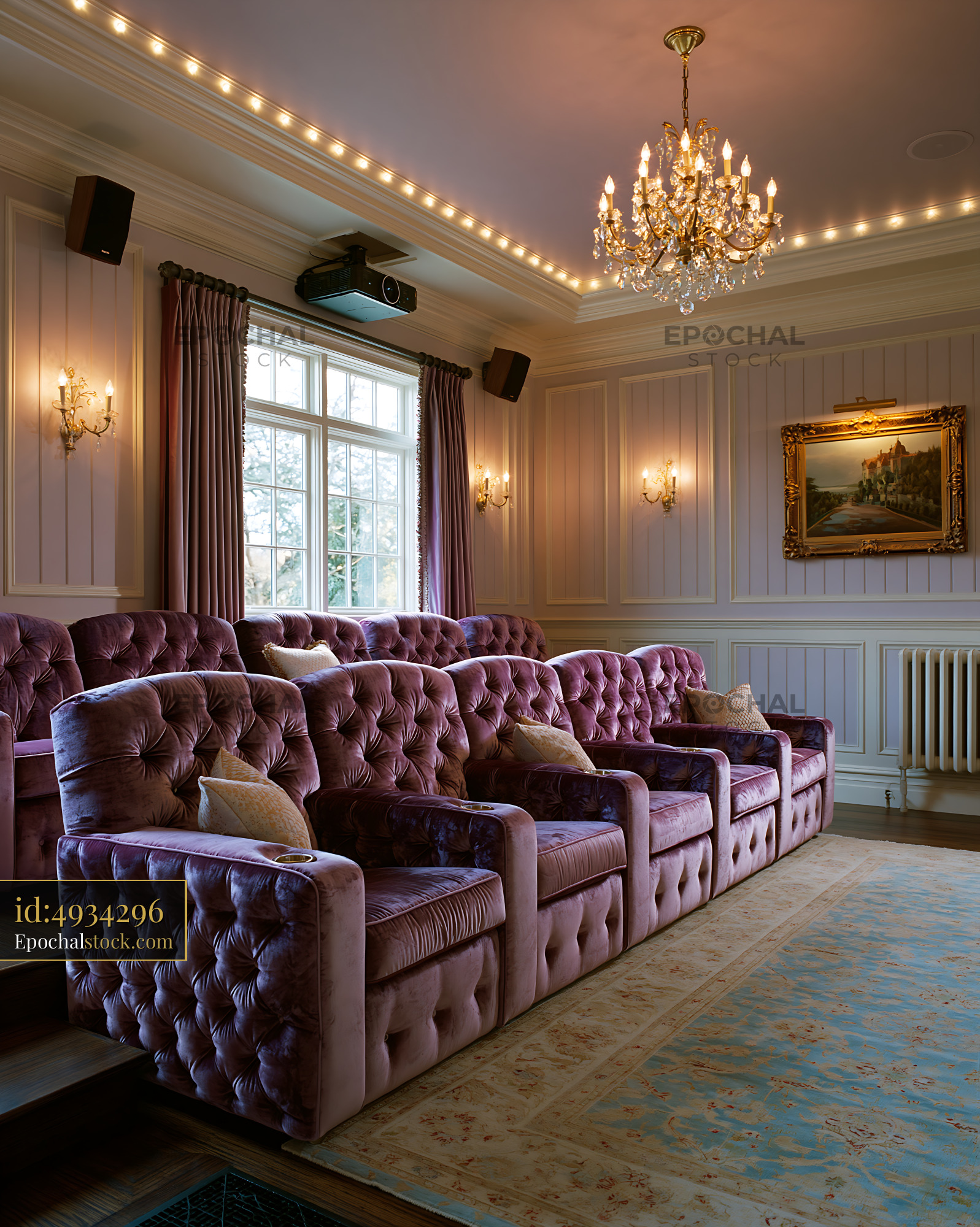 Watermarked full-resolution preview of Cozy home theater with plush seating and decorative lighting