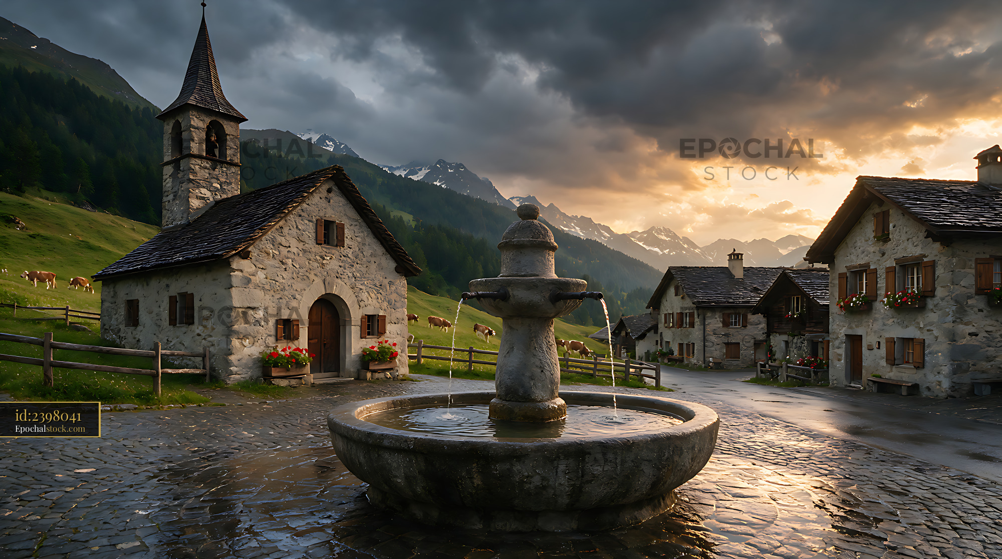 Watermarked full-resolution preview of Stone fountain in a Swiss Alpine village at sunset