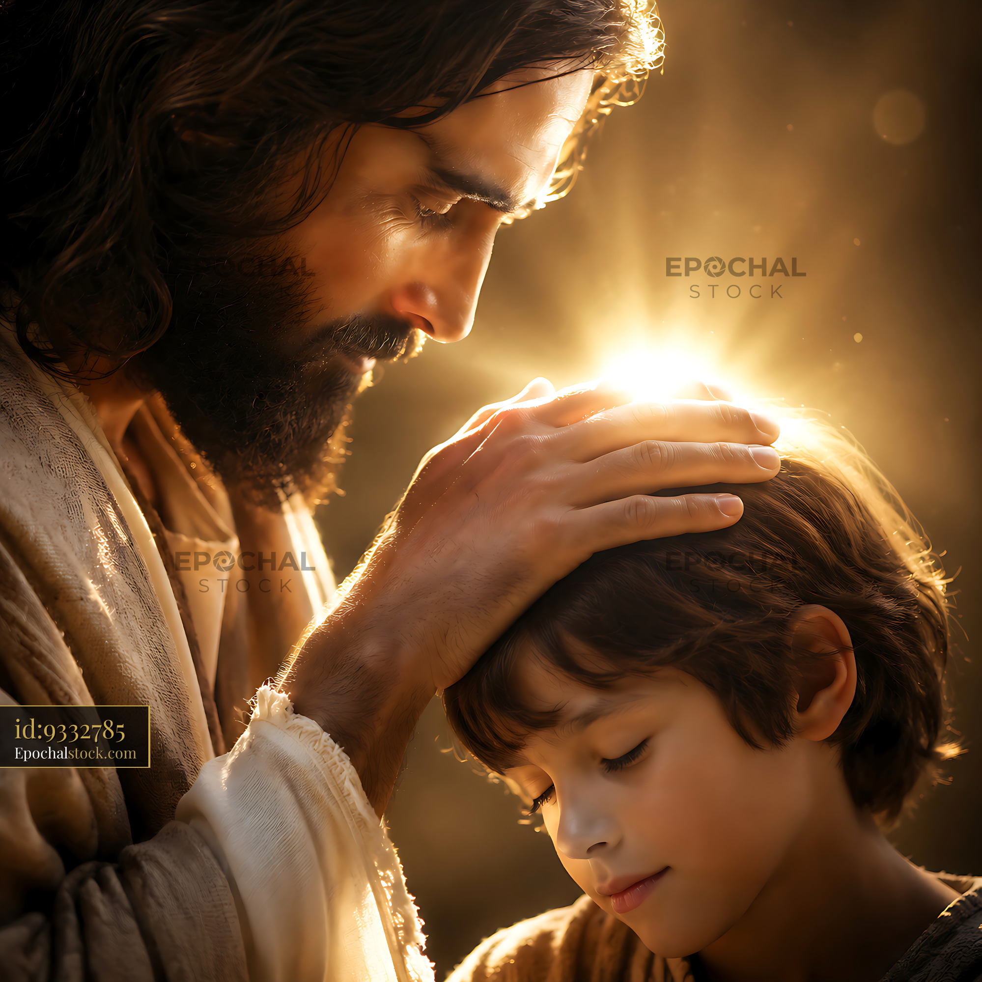 Watermarked full-resolution preview of Jesus blessing a child in warm light