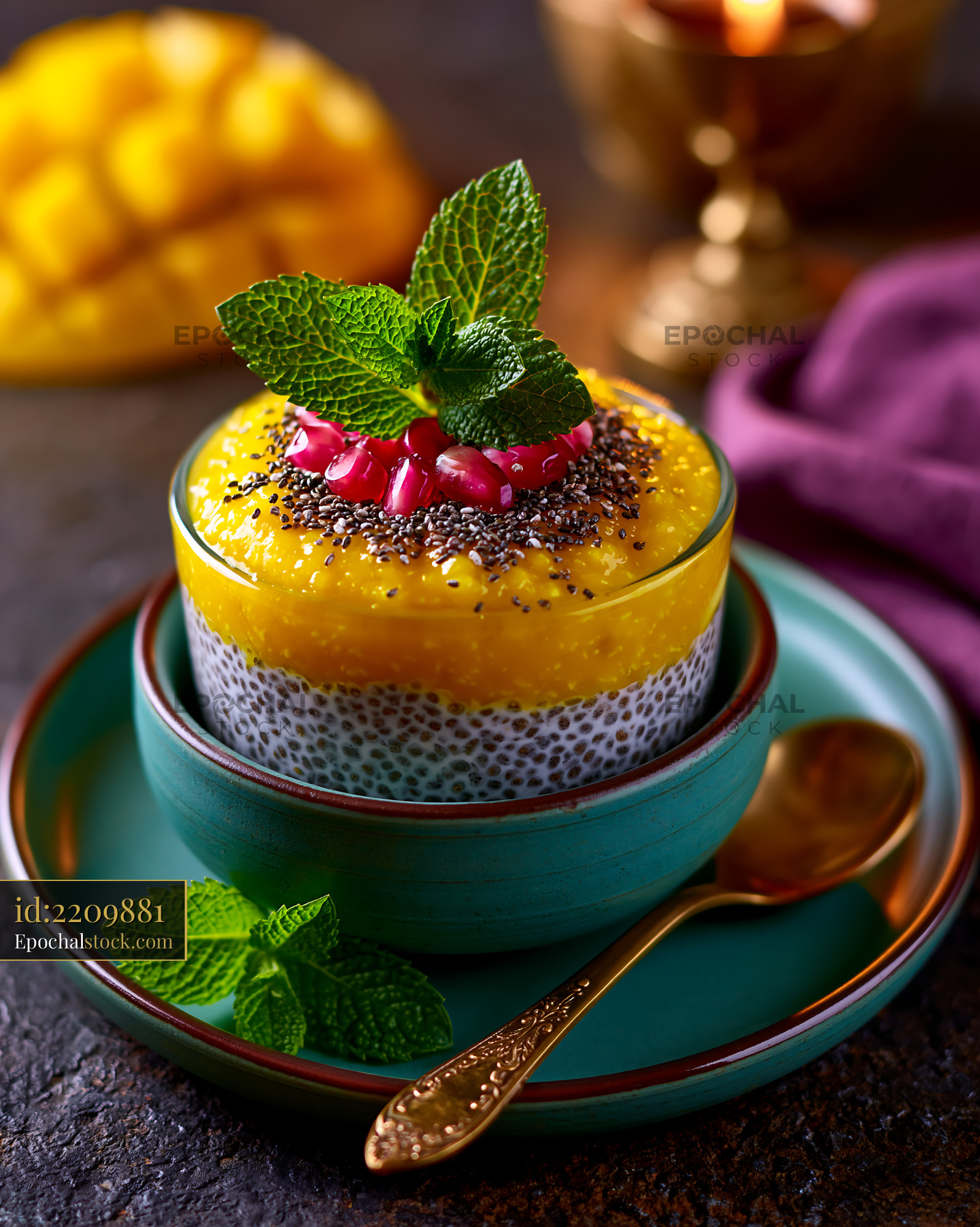Watermarked full-resolution preview of Dessert served in a bowl with chia seeds and mango