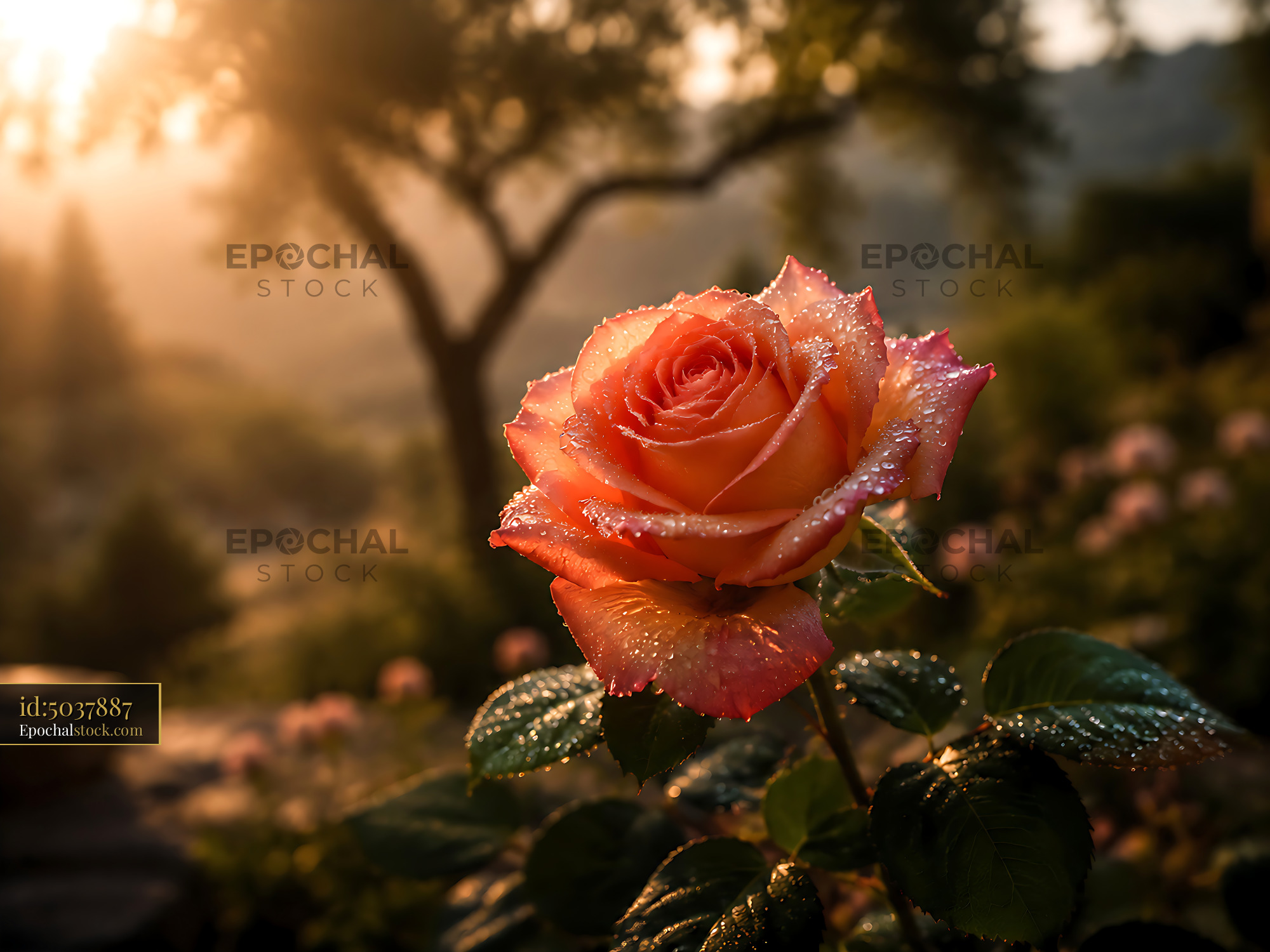 Rose Bloom Glistens With Dew in Morning Light - stock photo
