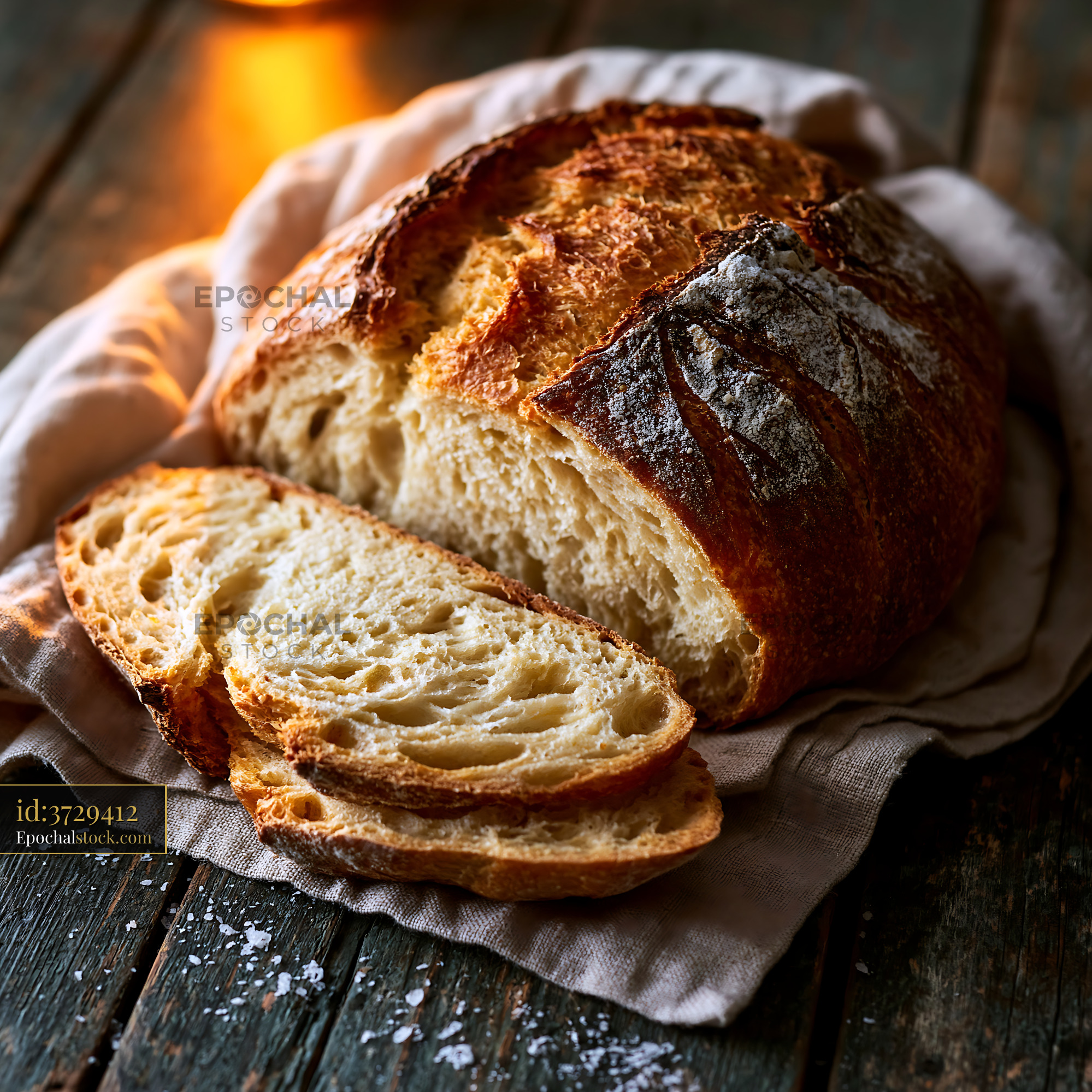 Watermarked full-resolution preview of Freshly baked bread on a wooden table with slices cut