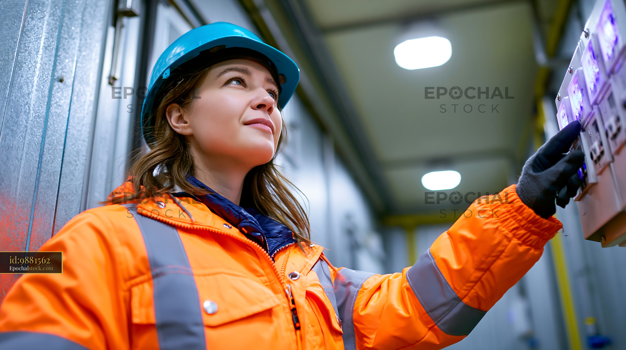 Watermarked full-resolution preview of Woman wearing safety gear operating machinery in factory