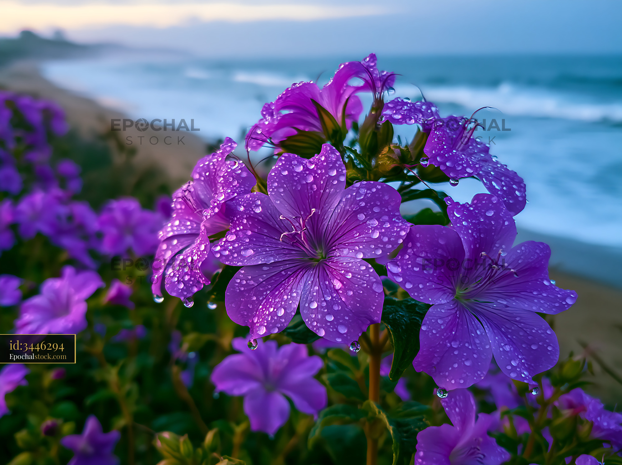 Watermarked full-resolution preview of Purple flowers with water droplets near the ocean shore