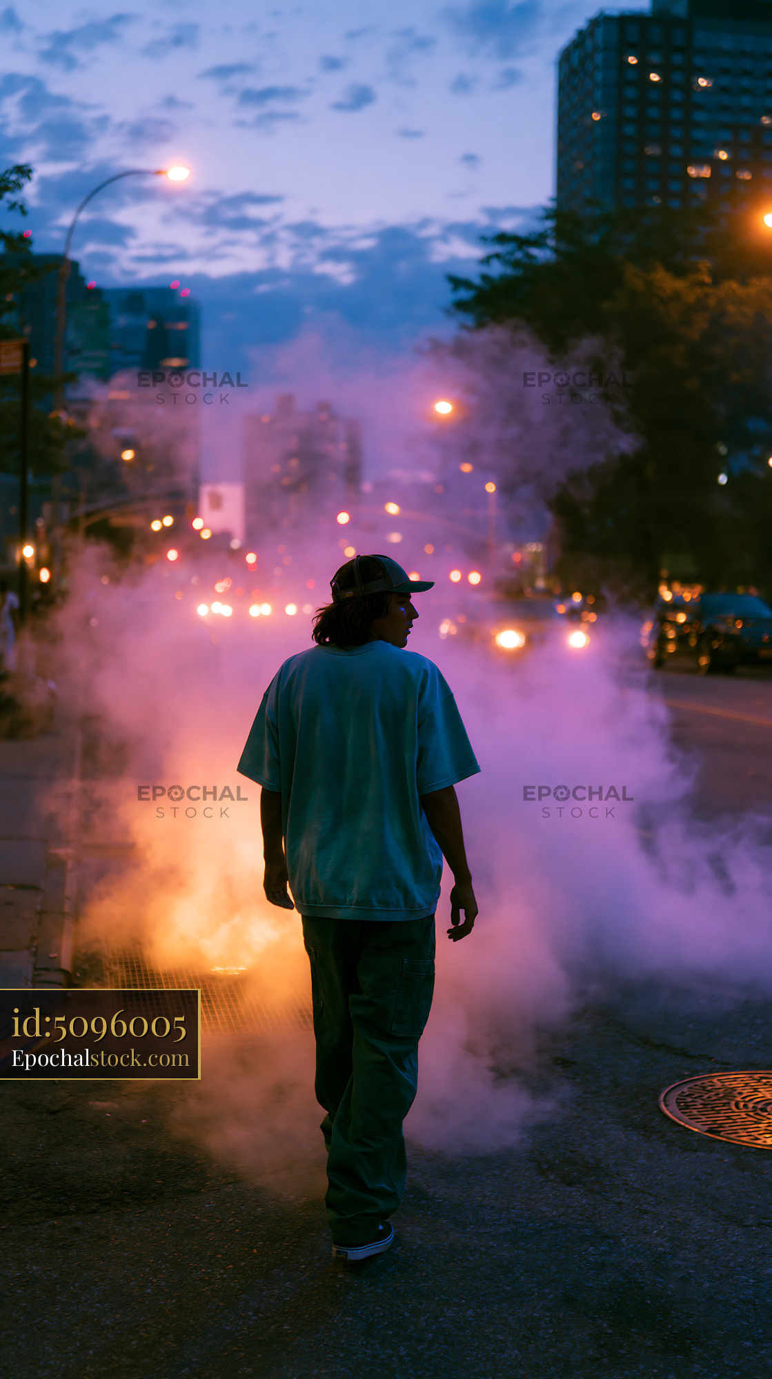 Watermarked full-resolution preview of Man walking on city street with smoke at dusk