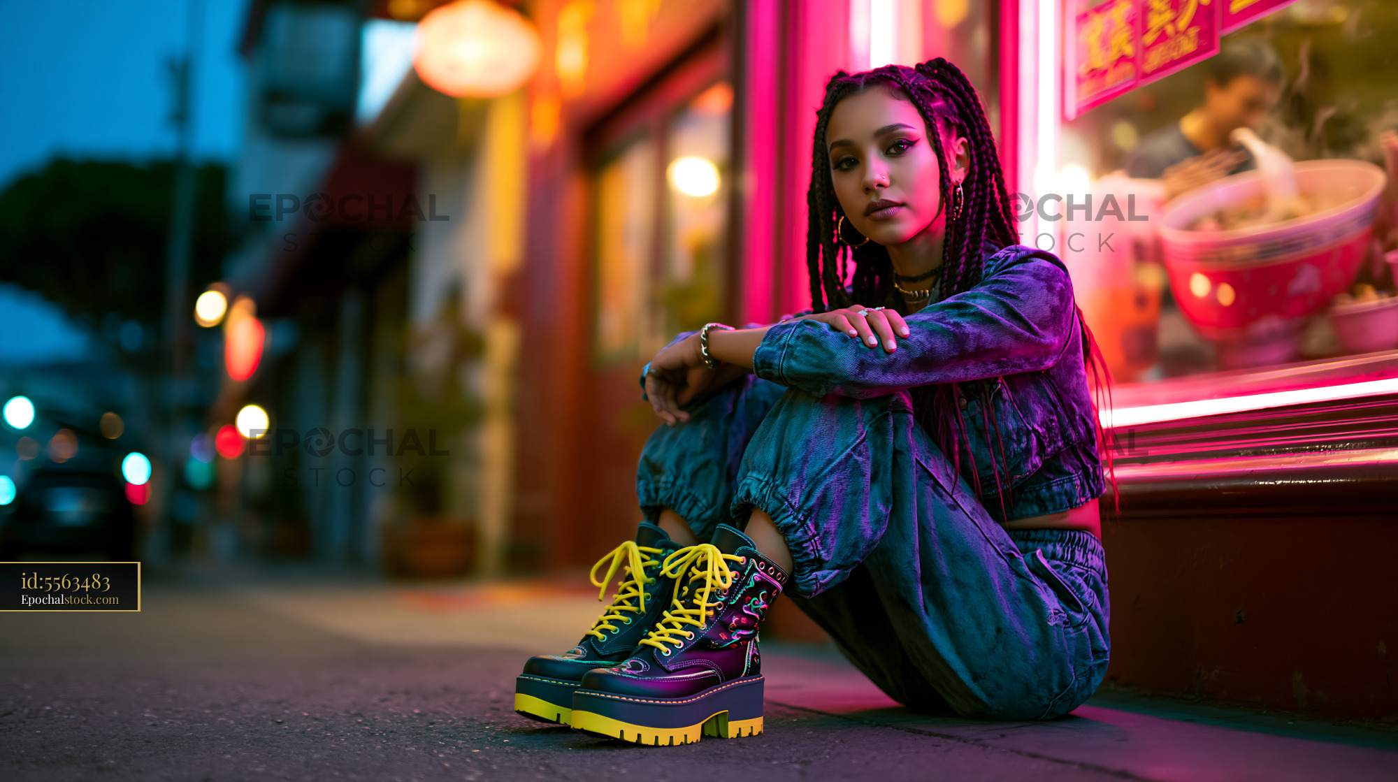 Watermarked full-resolution preview of Young woman sitting outside a shop at night in urban setting