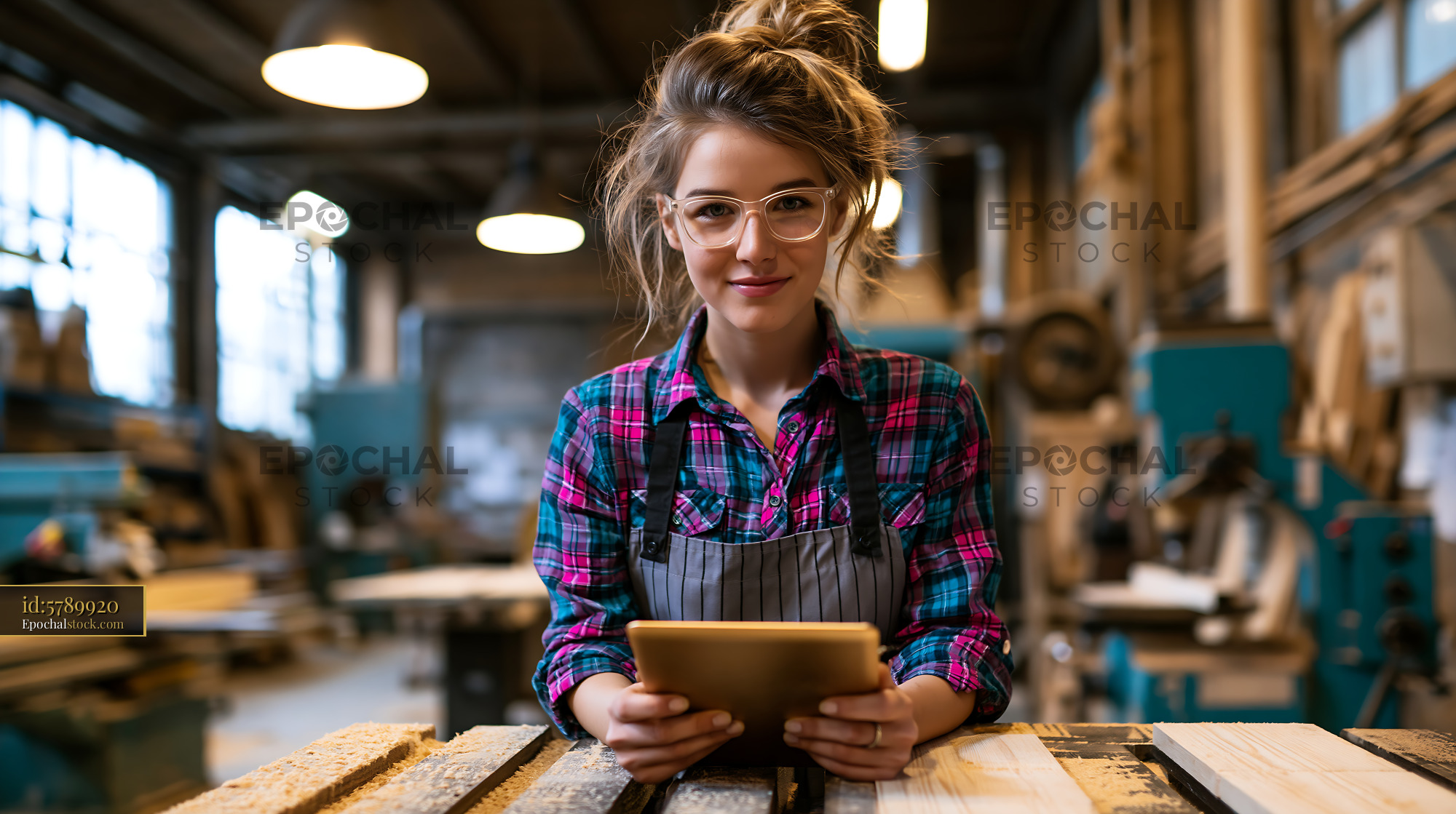 Watermarked full-resolution preview of Woman using tablet in woodworking shop