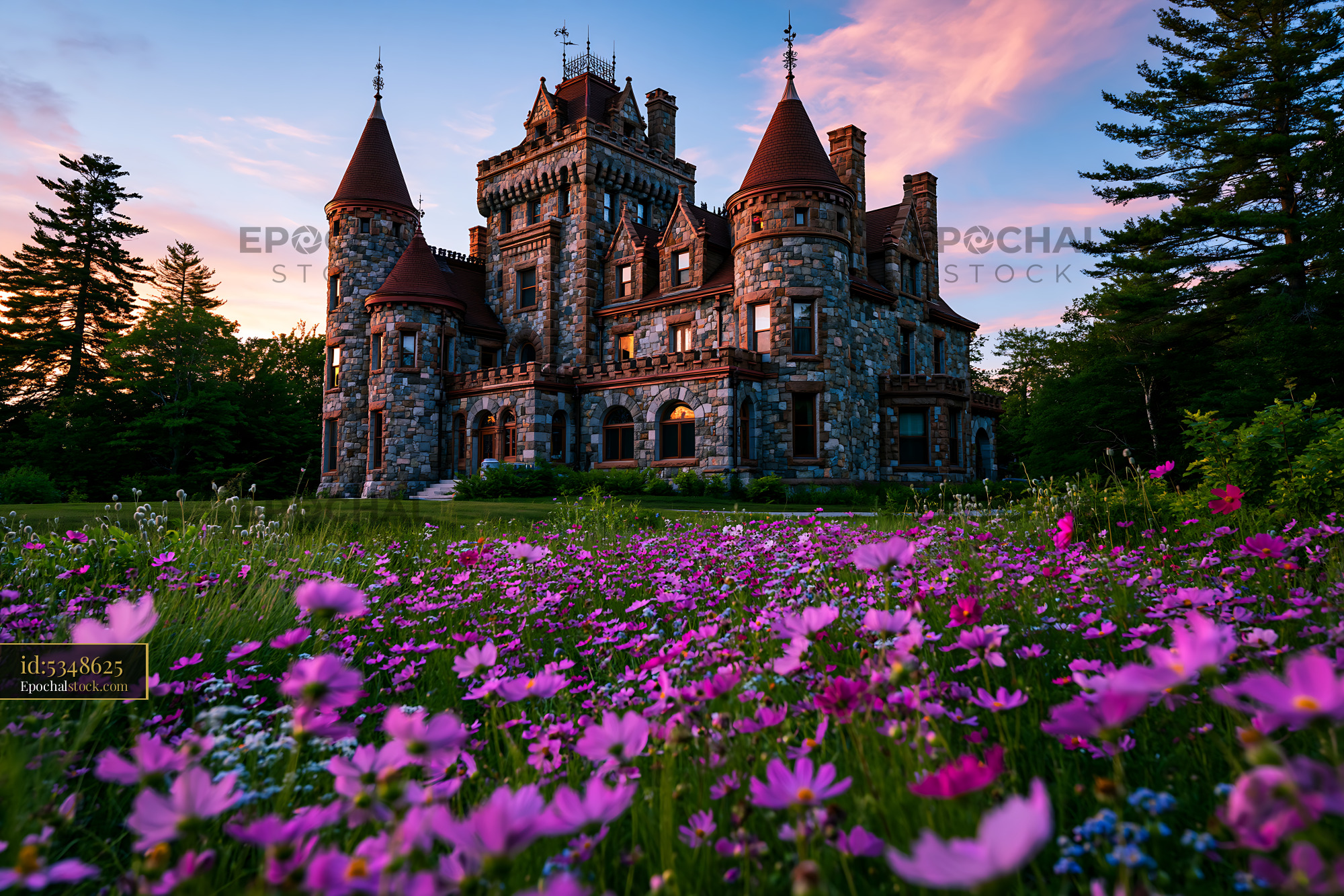 Watermarked full-resolution preview of Historic stone mansion surrounded by flowers at sunset