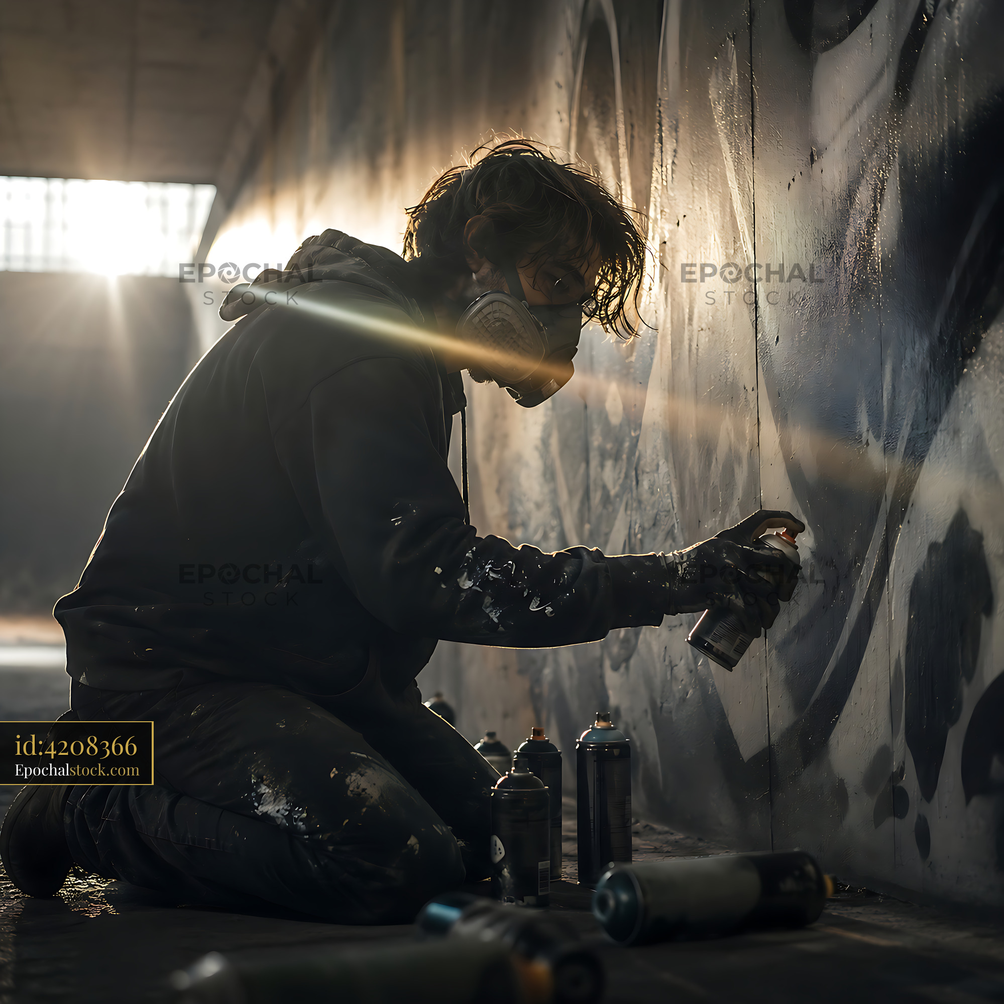 Graffiti Artist Working in Service Tunnel at Dawn - stock photo