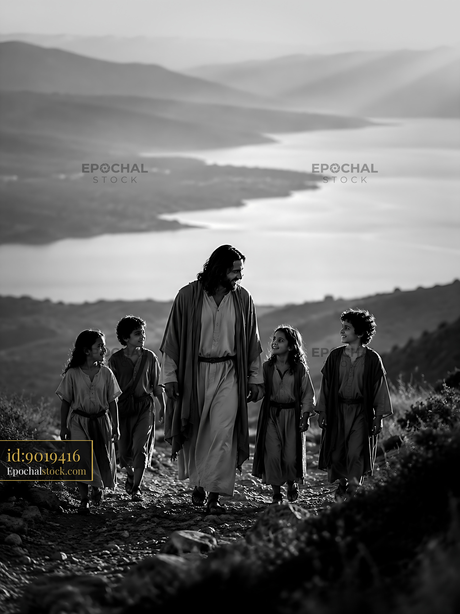 Watermarked full-resolution preview of Walking along the river with children in a scenic landscape