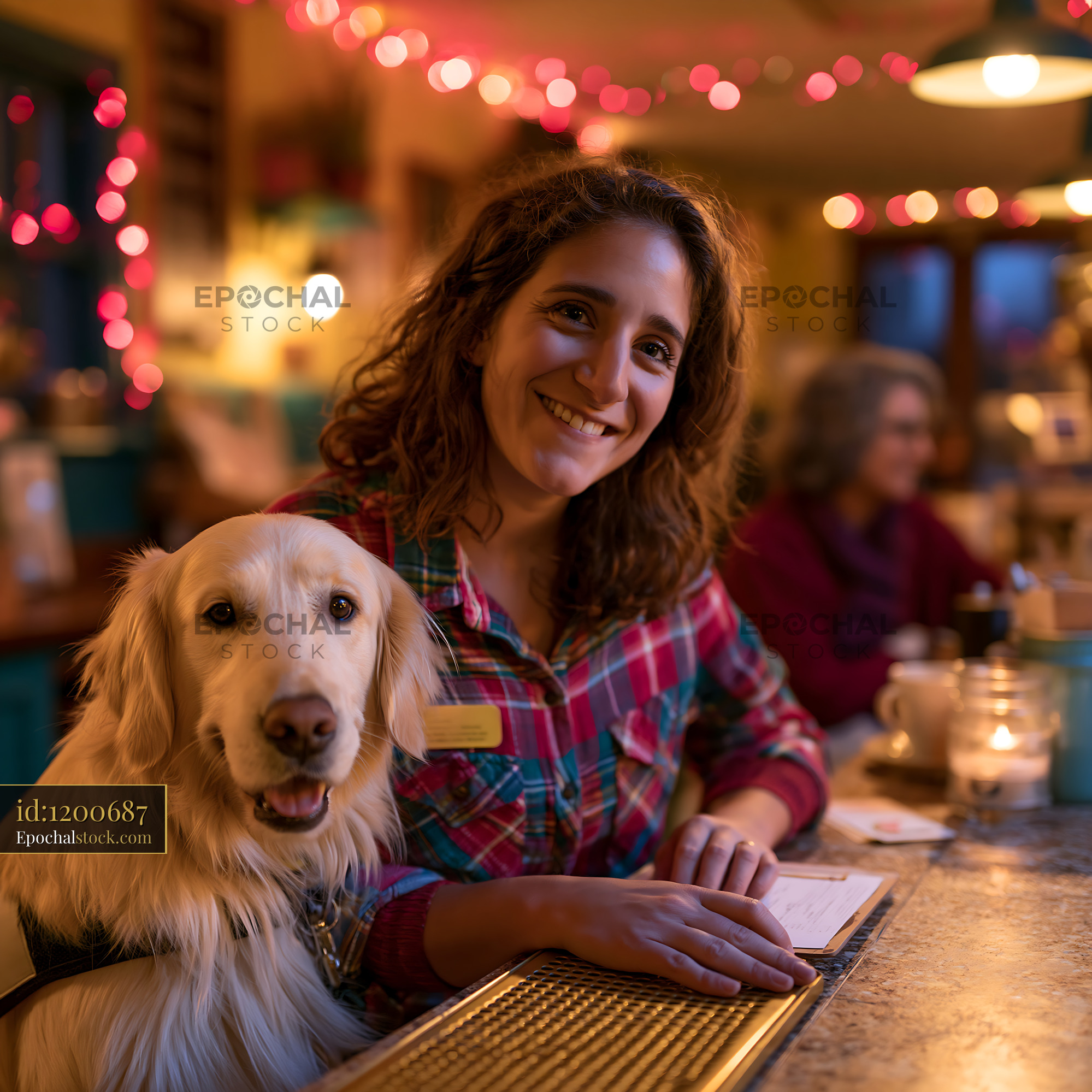 Watermarked full-resolution preview of Smiling woman with a dog at a cozy cafe setting in the evening
