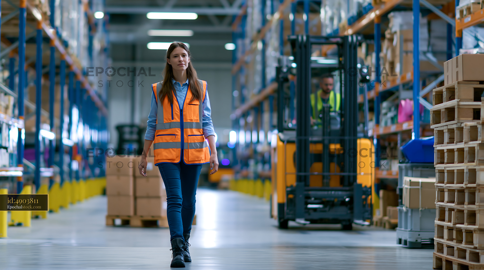 Watermarked full-resolution preview of Worker walks in warehouse with forklift in background