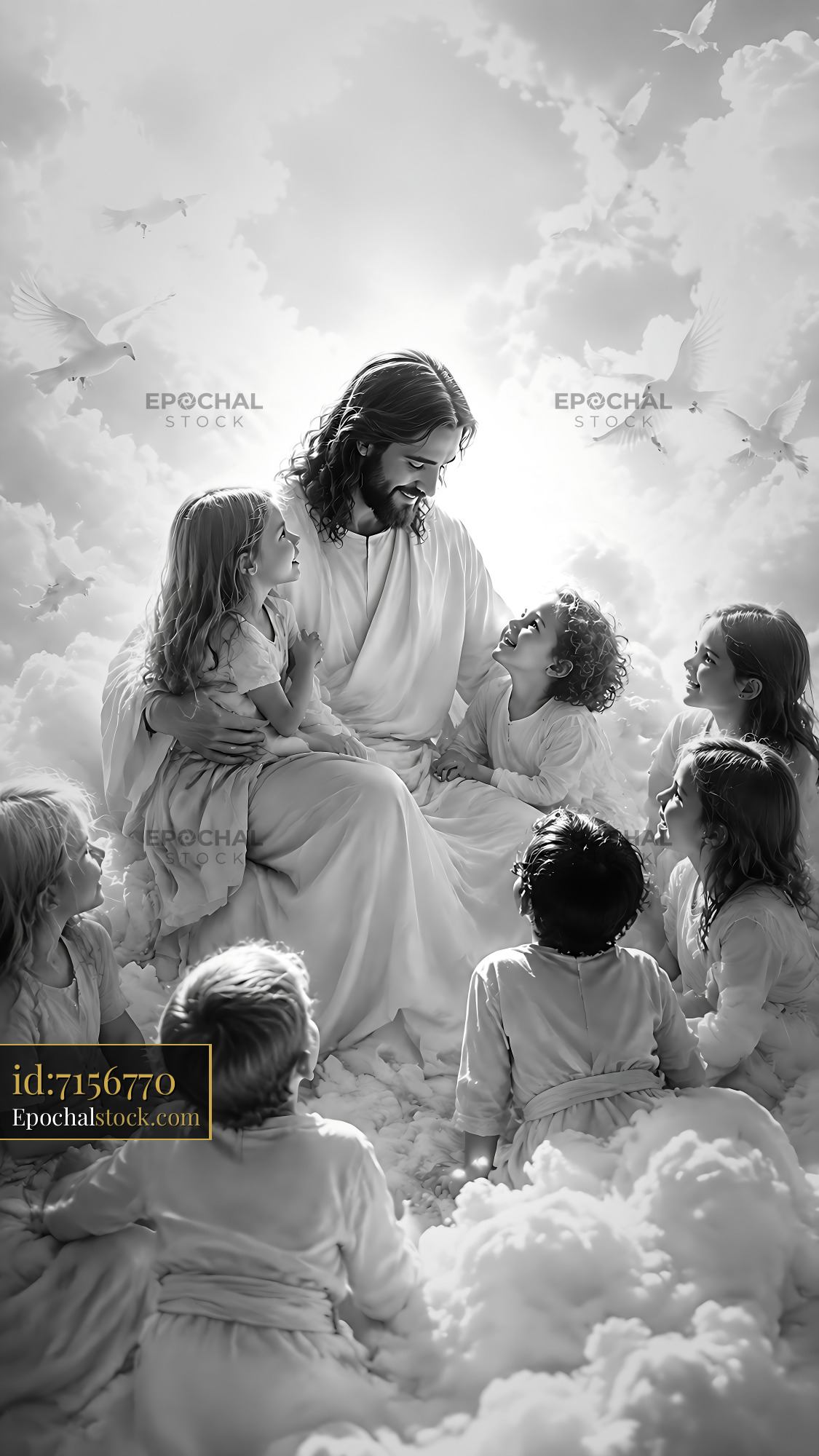 Watermarked full-resolution preview of Jesus sitting with children in a cloud setting