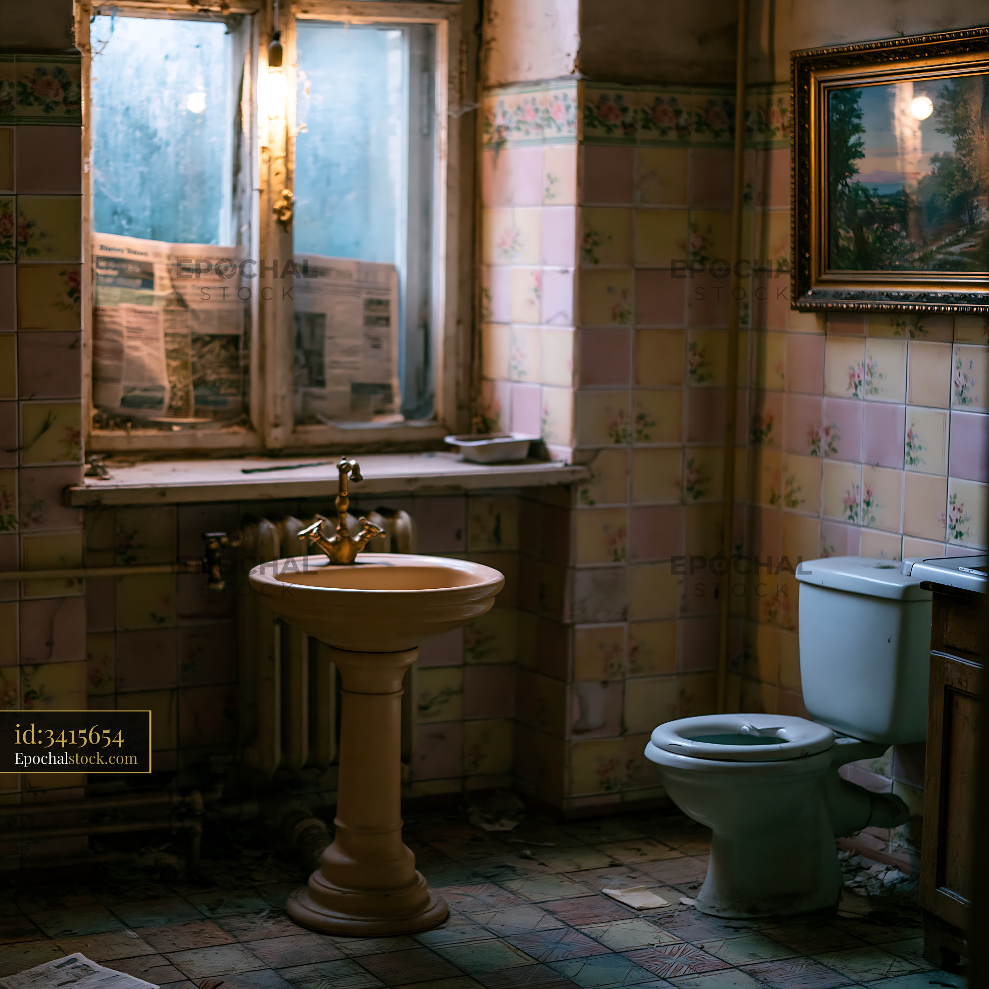 Watermarked full-resolution preview of Old bathroom with vintage decor and natural light