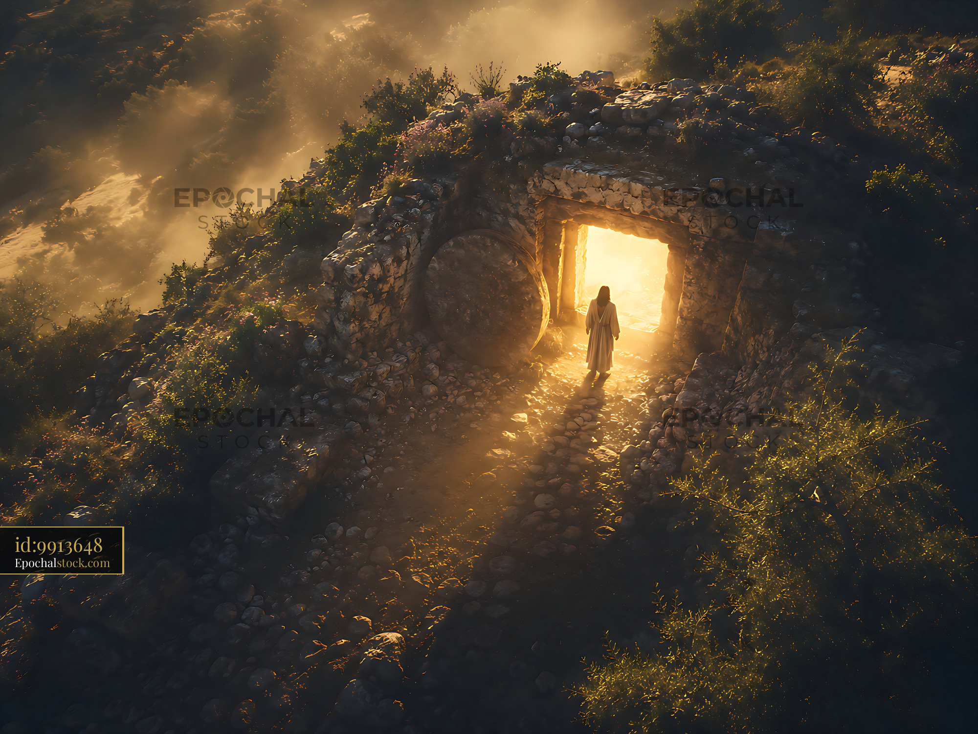Watermarked full-resolution preview of Person standing at a stone entrance in a misty landscape