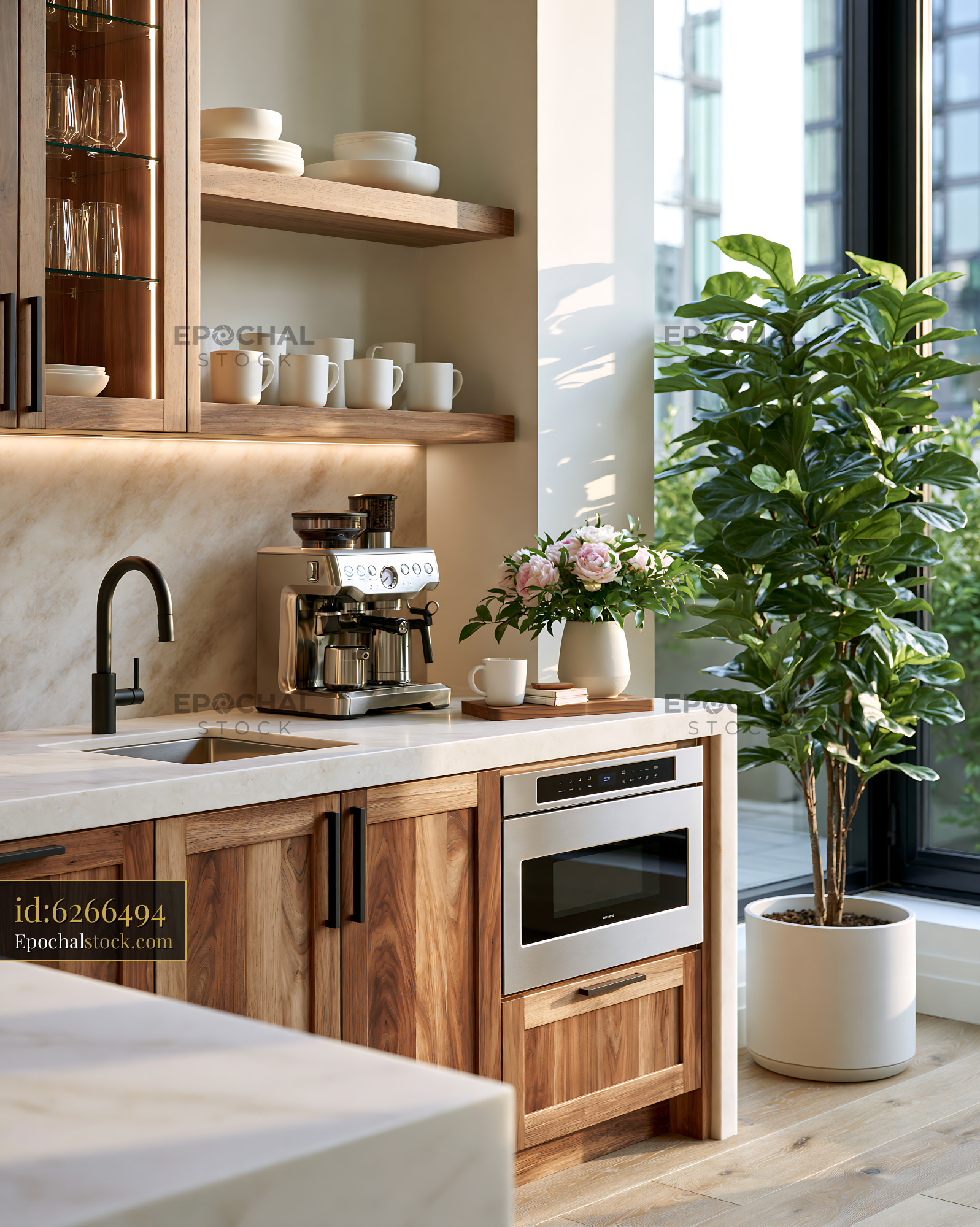 Watermarked full-resolution preview of Modern kitchen with coffee maker and plants in bright room