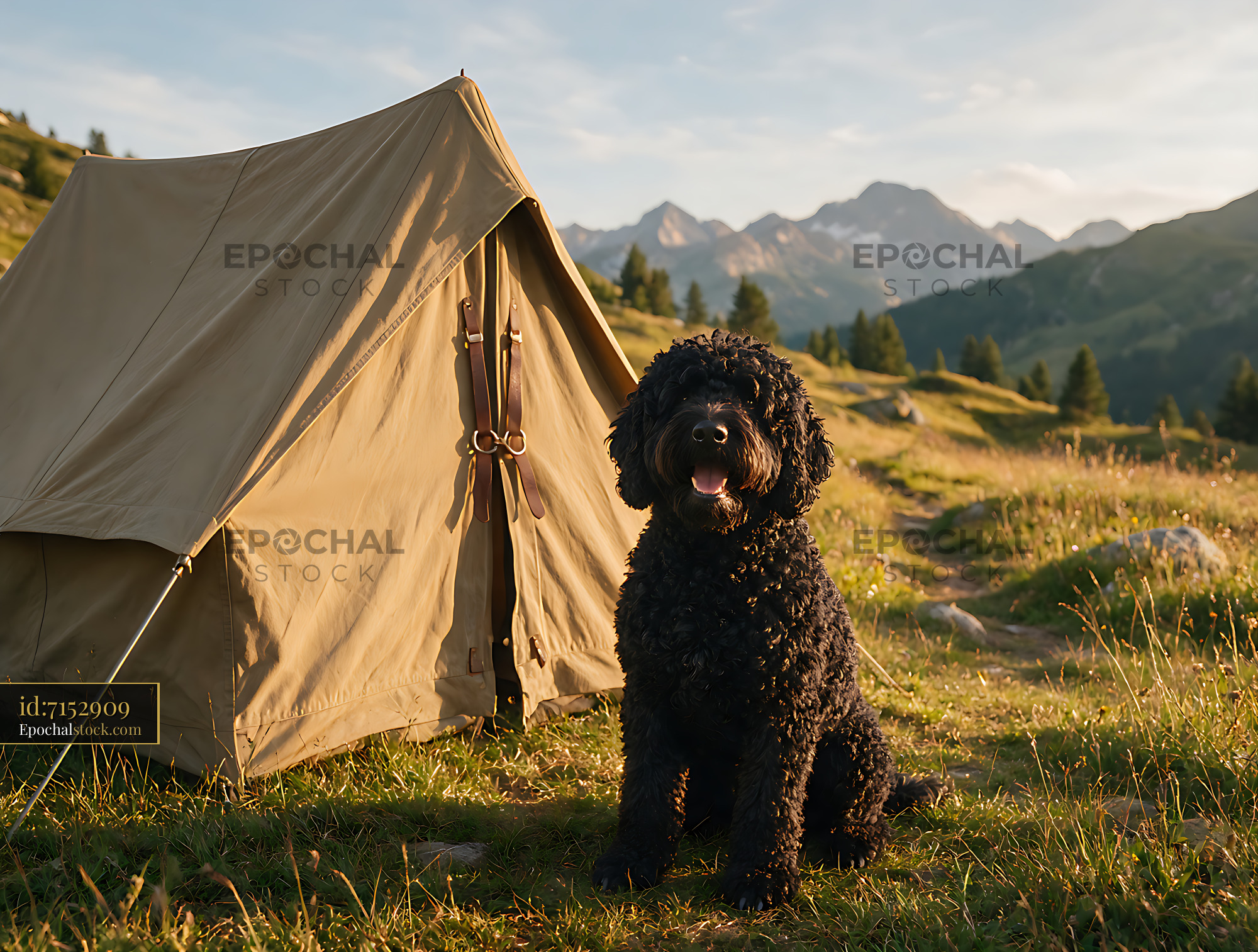 Watermarked full-resolution preview of Black curly-coated dog resting at a mountain campsite