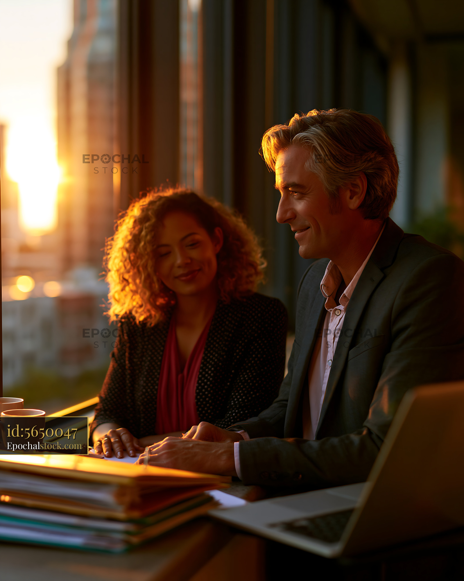 Watermarked full-resolution preview of Business meeting in the evening with sunset glow