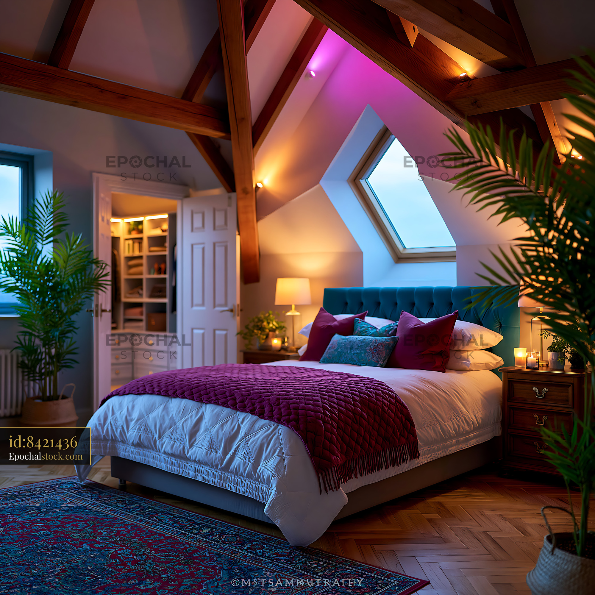 Watermarked full-resolution preview of Cozy bedroom with wooden beams and plants in a bright space