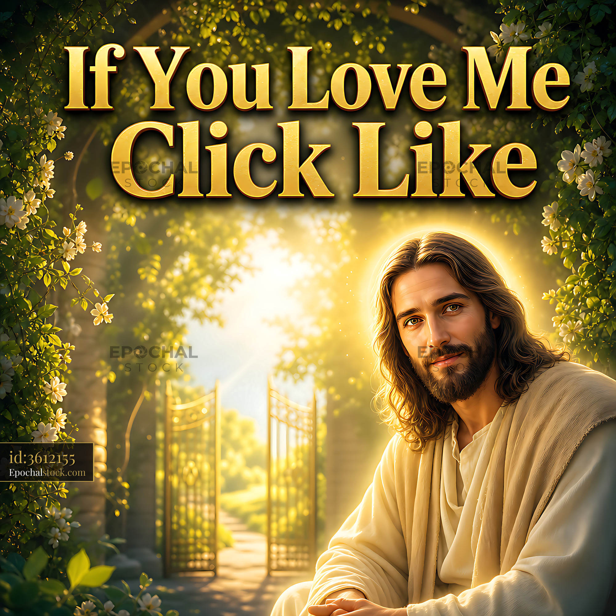 Watermarked full-resolution preview of Man in light with peaceful expression surrounded by nature and gates