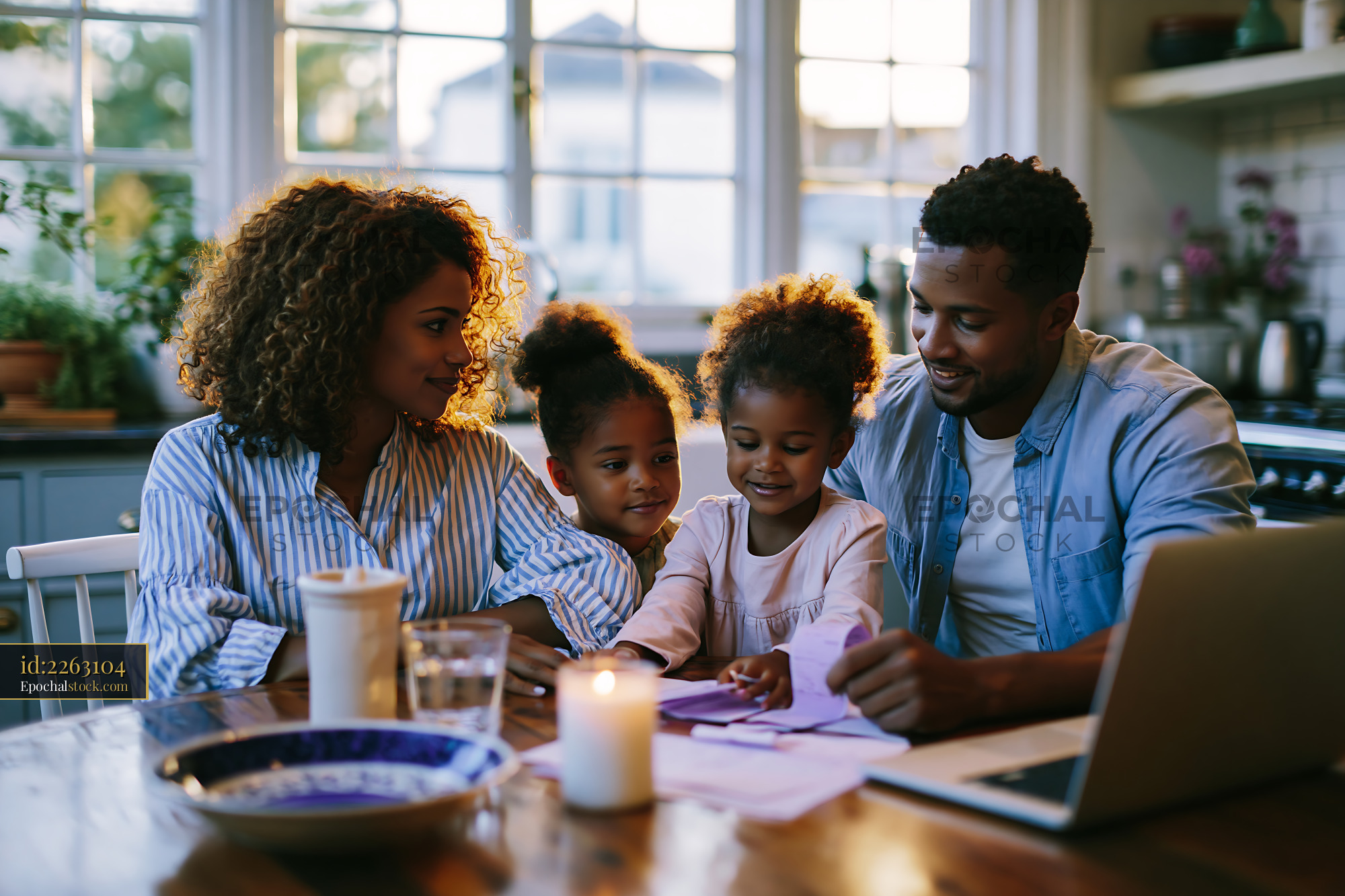 Family Reviewing Insurance Offers at Home During Golden Hour - stock photo