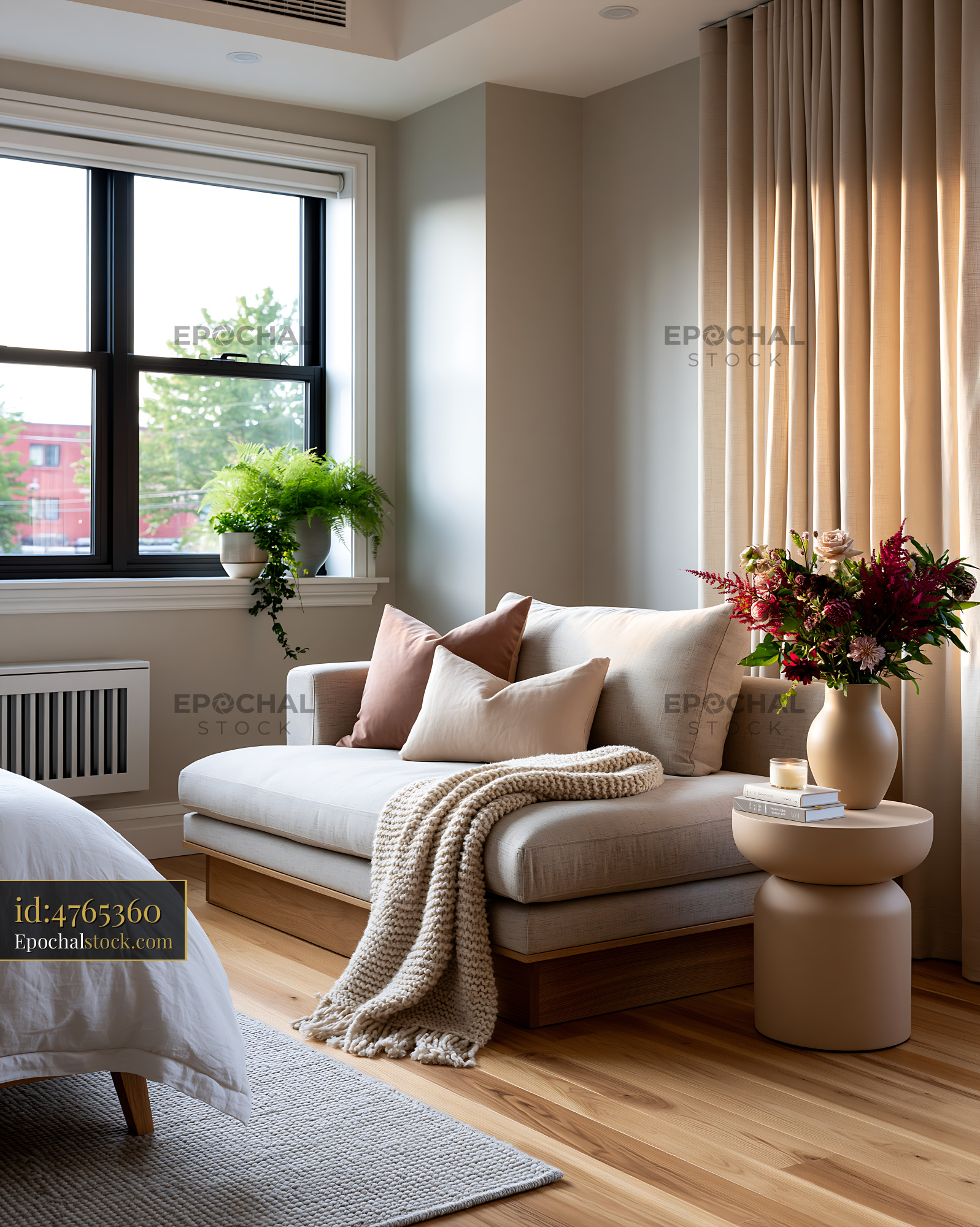 Watermarked full-resolution preview of Cozy living room corner with plants and decorative flowers