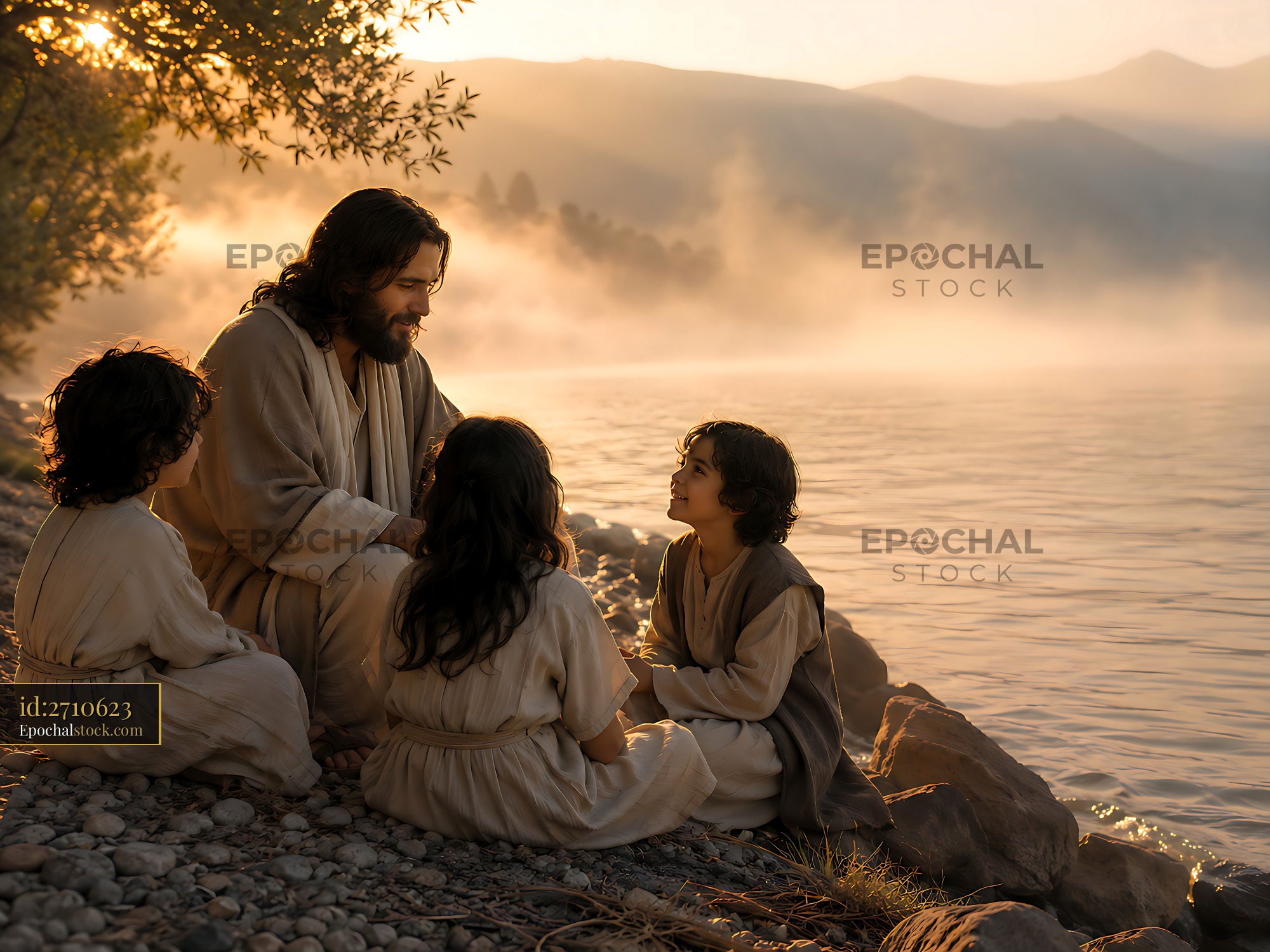Watermarked full-resolution preview of Jesus talking with children by the riverside at sunrise